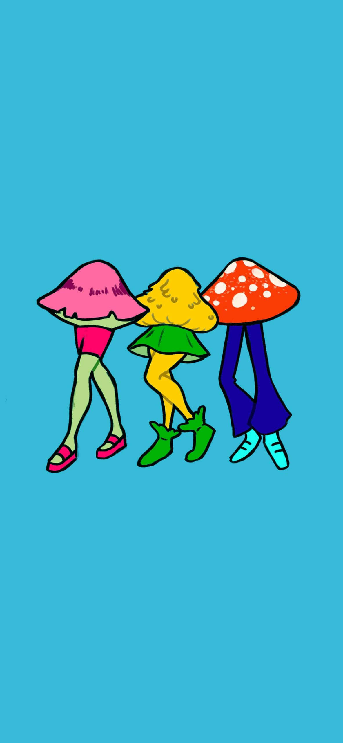 Trippy Phone Mushroom Heads, mushroom-headed figures, bright colors, 2K Phone Wallpaper