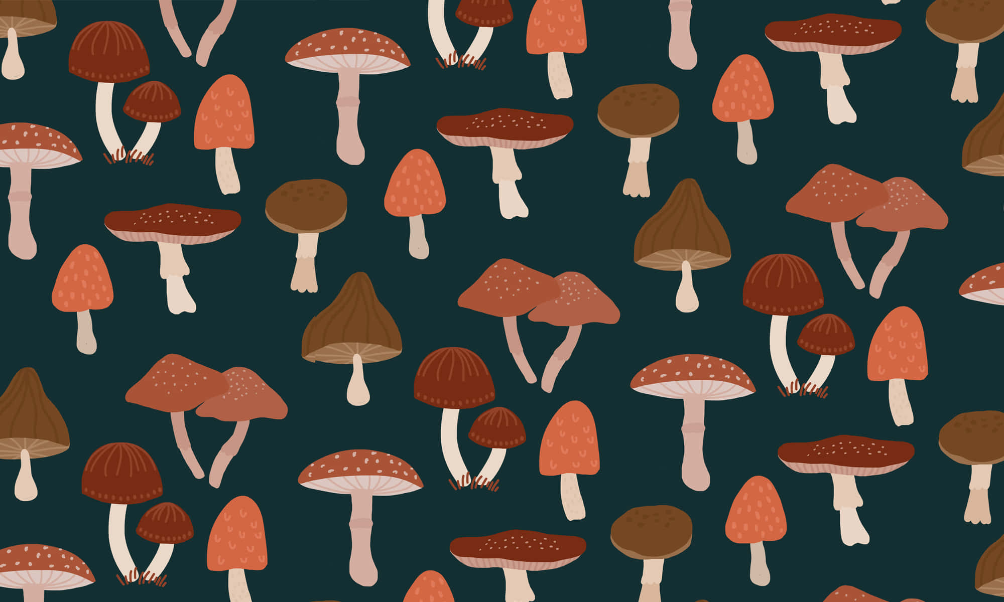 vintage cute mushroom pattern art, earthy tones, dark teal background, Full HD Desktop Wallpaper