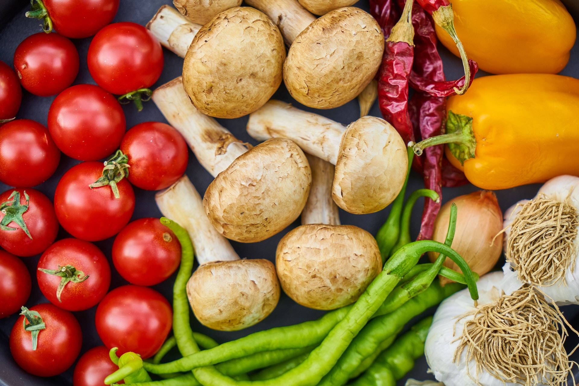 flatlay, mushroom aesthetic, cherry tomatoes, Full HD Desktop Wallpaper
