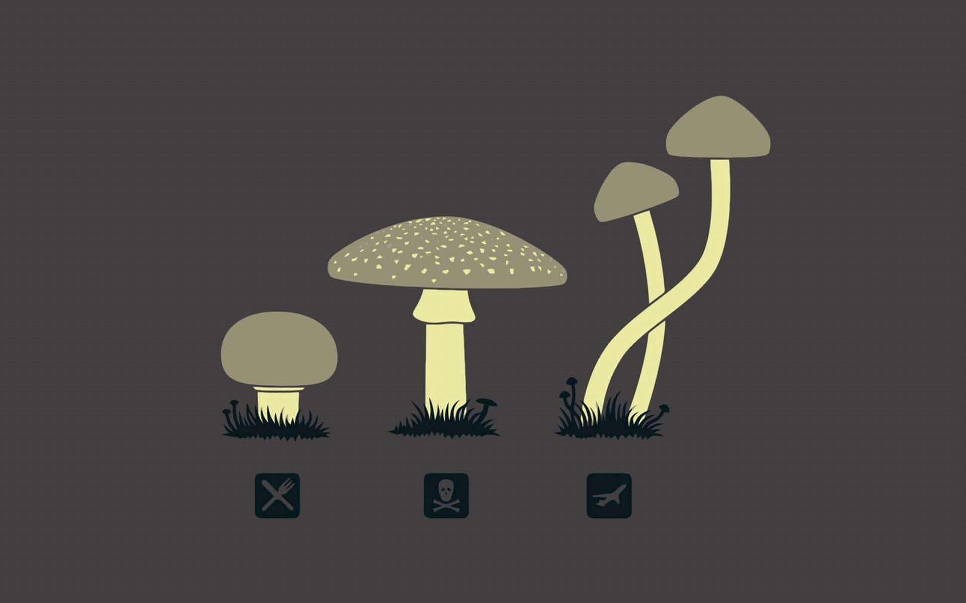 vintage cute mushroom minimalist art, three stylized mushrooms, warning icons, Full HD Desktop Wallpaper