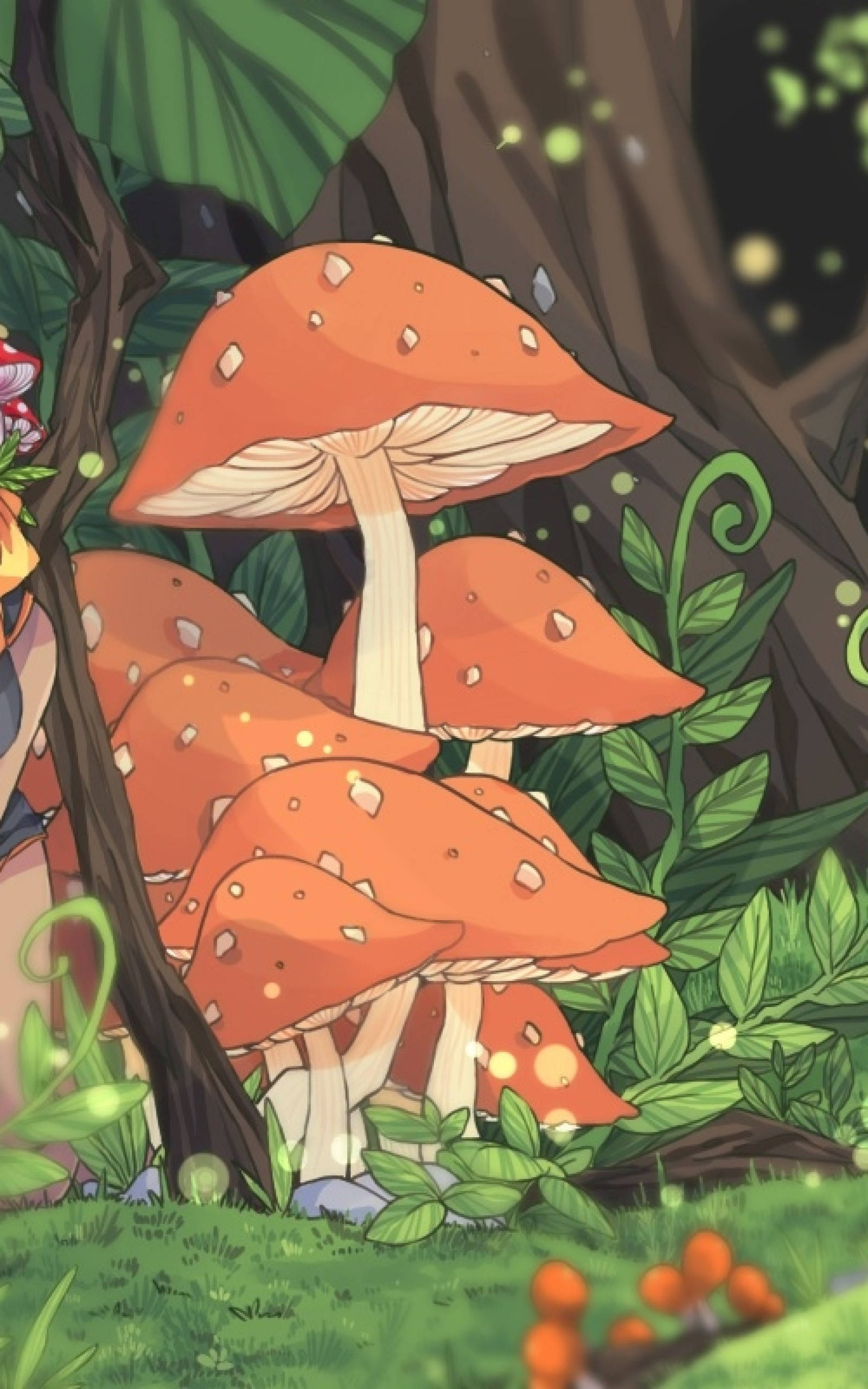 anime mushroom aesthetic, vibrant orange mushrooms, white spots, 2K Phone Wallpaper