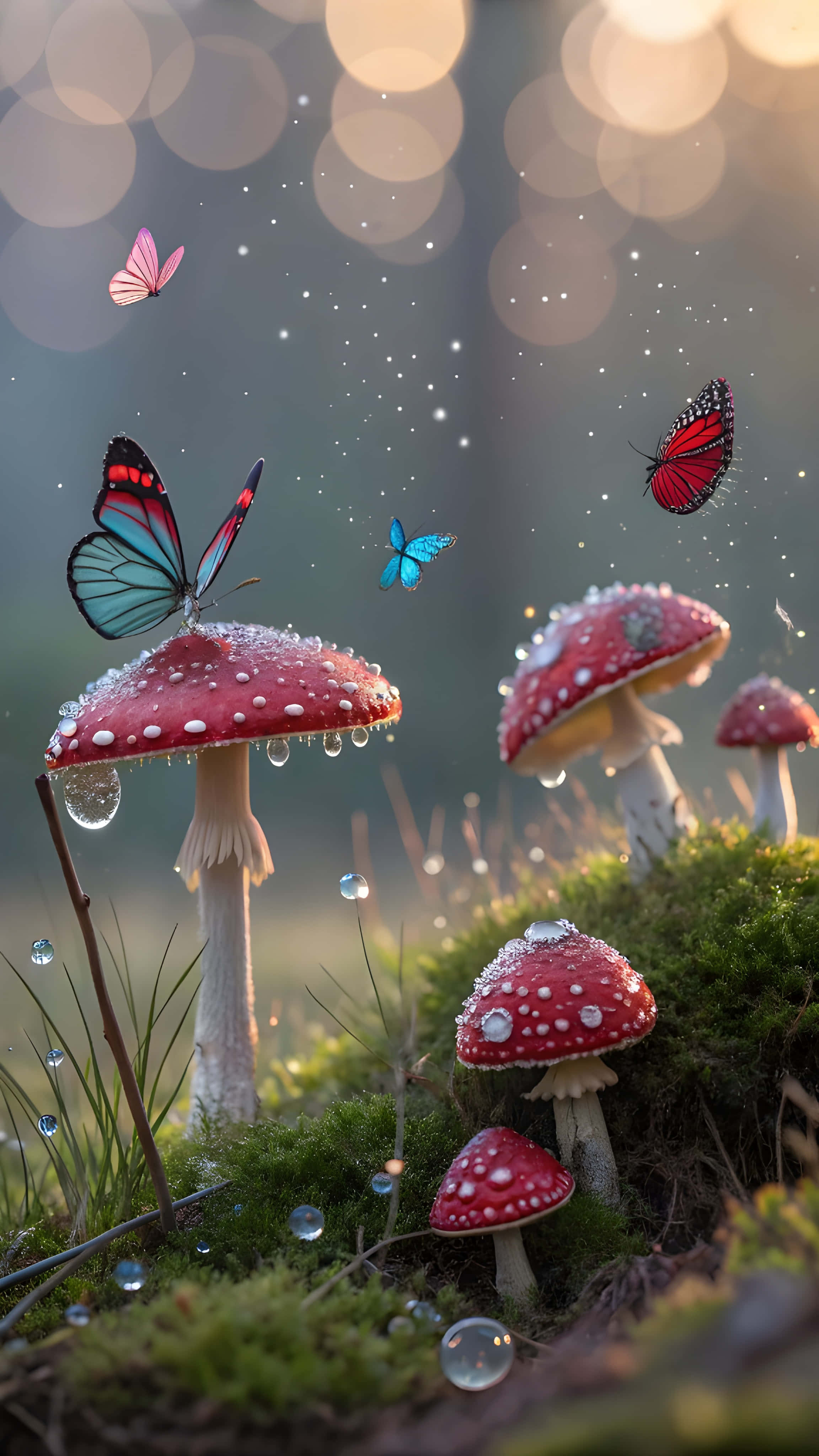 red mushrooms, white spots, dewdrops, 4K Phone Wallpaper