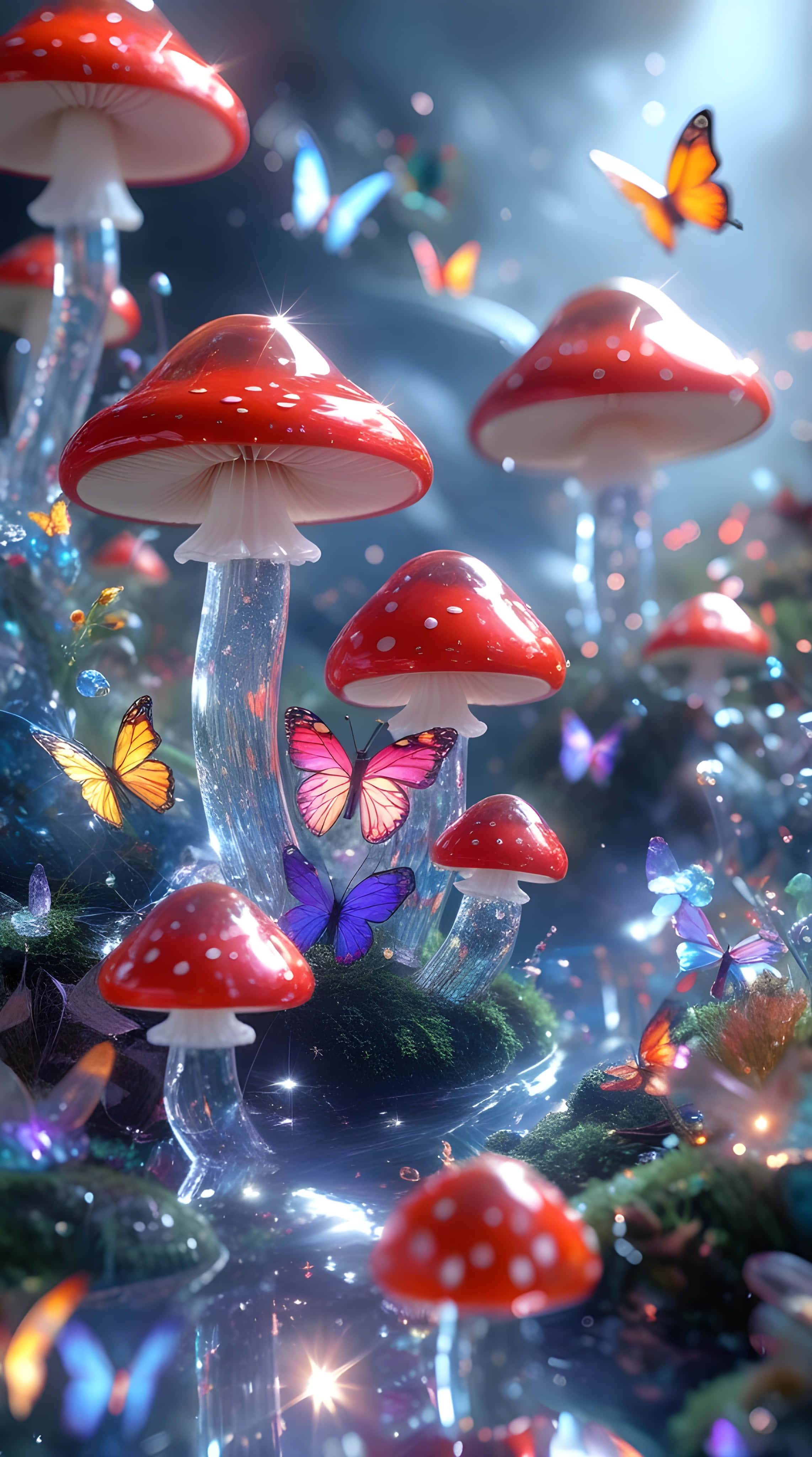 glowing red mushrooms, white spots, mossy ground, 4K Phone Wallpaper