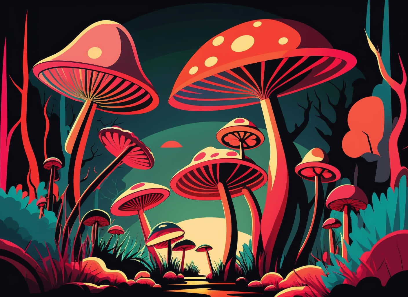 enchanted forest, mushrooms, twilight sky, HD Desktop Wallpaper