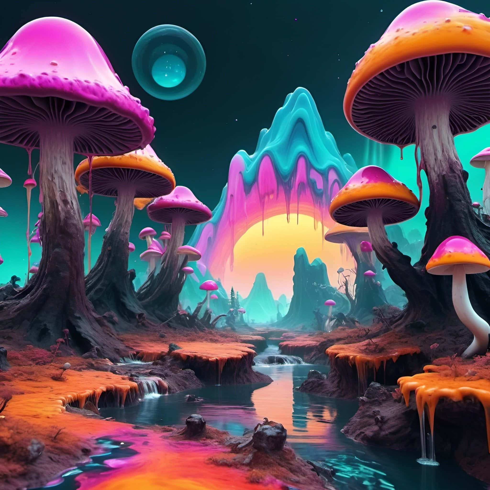 psychedelic mushroom valley artwork, giant glowing mushrooms, surreal alien landscape, Full HD Desktop Wallpaper