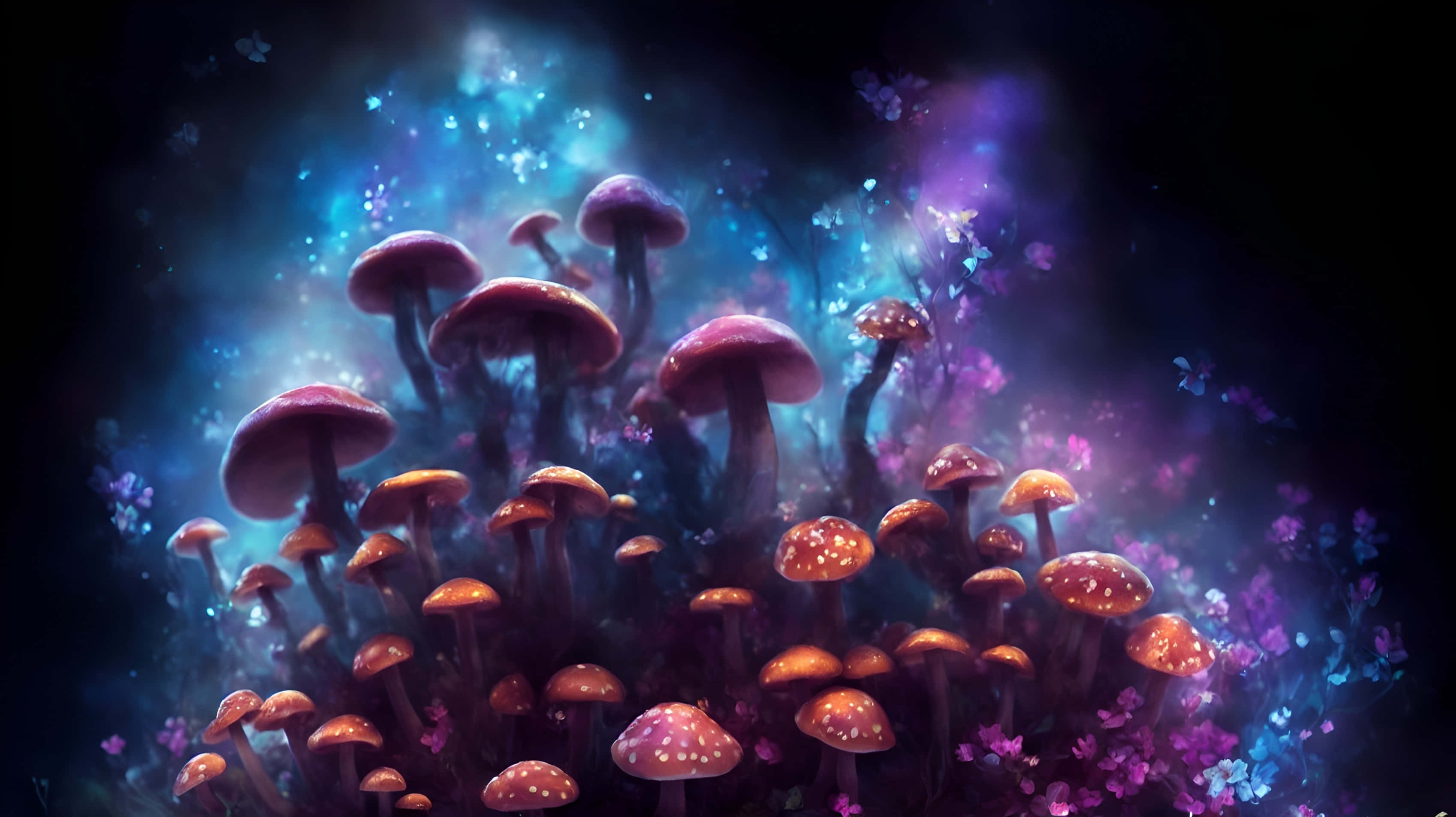 enchanted mushroom grove art, glowing mushrooms, red caps, 2K Desktop Wallpaper