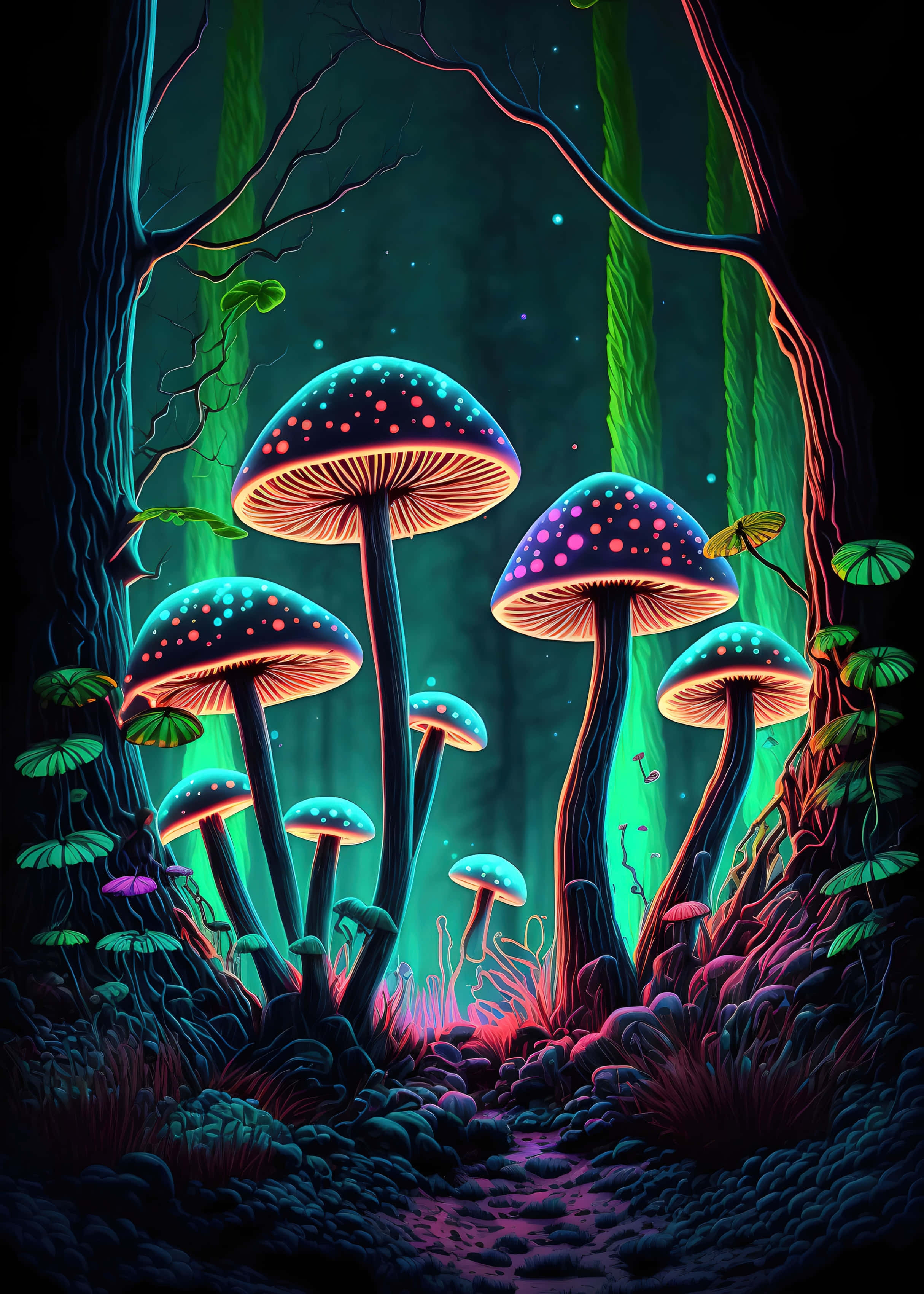 enchanted glowing mushroom forest art, glowing neon mushrooms, pink dots, 2K Phone Wallpaper