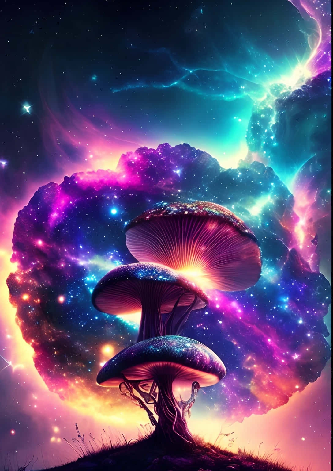 cosmic mushrooms, astronaut art, glowing mushrooms, HD Phone Wallpaper