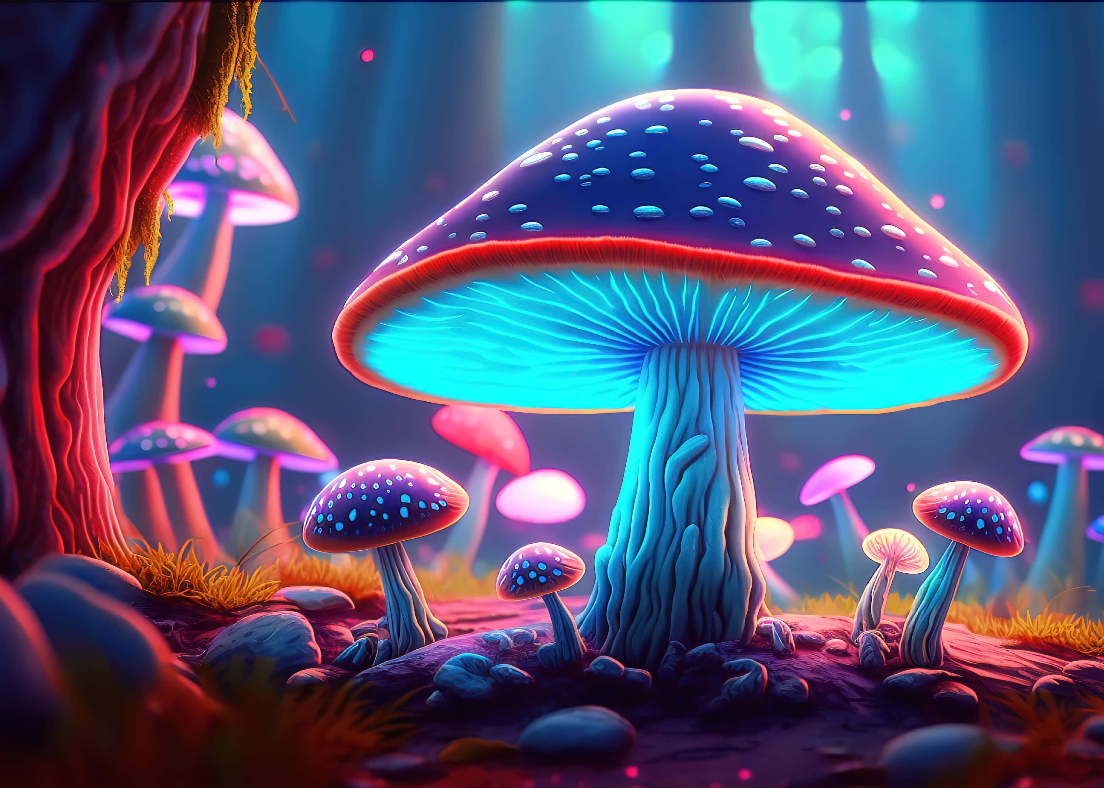 enchanted glowing mushroom forest art, neon mushroom forest, vibrant blue and pink fungi, 4K Desktop Wallpaper