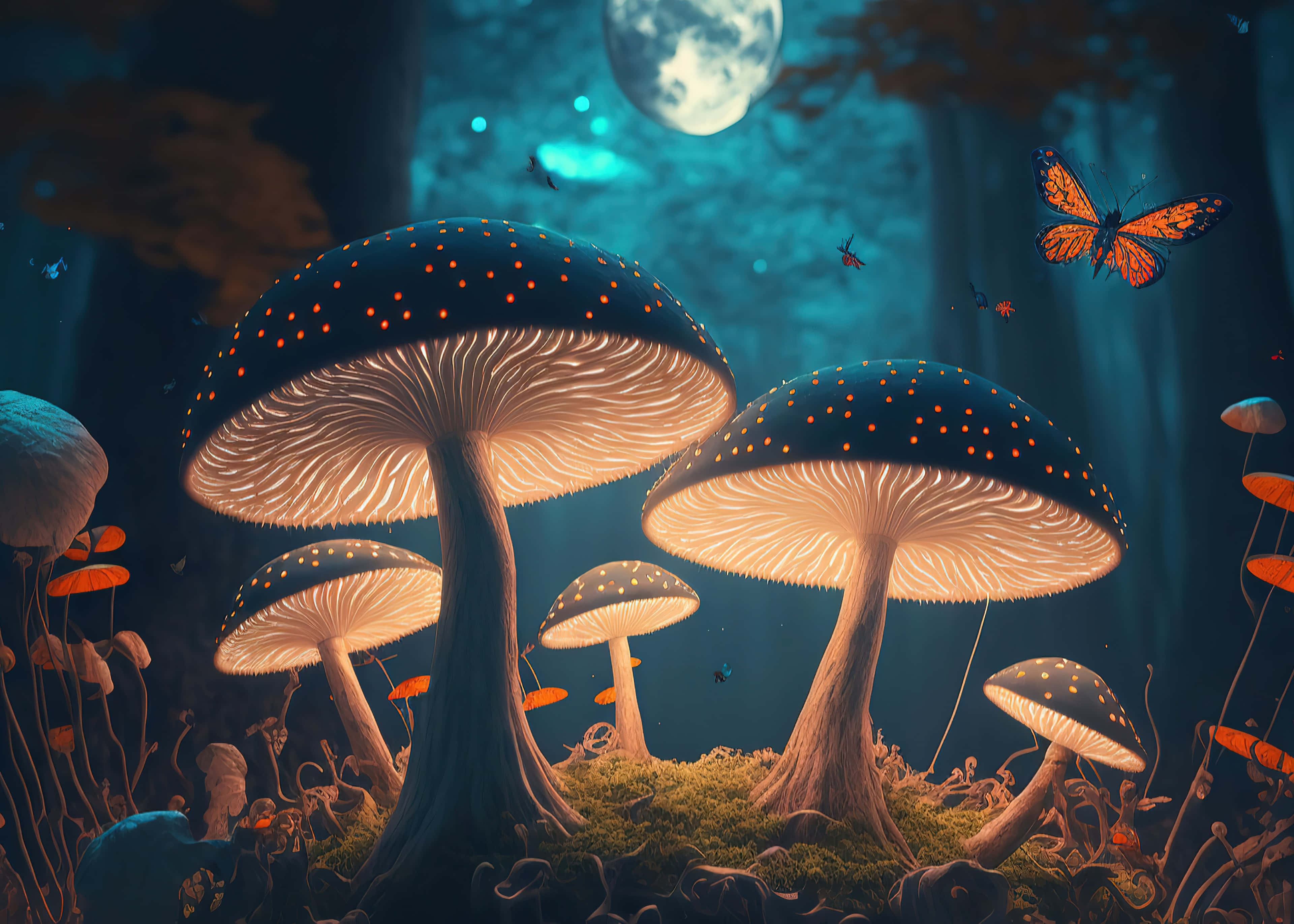 enchanted mushroom glow art, glowing mushrooms, orange spots, 4K Desktop Wallpaper