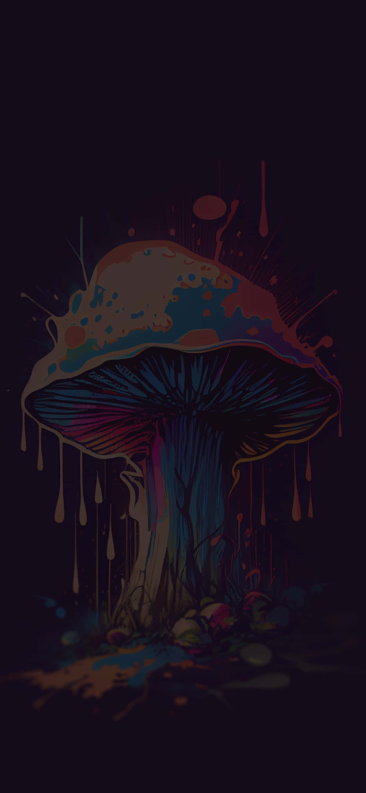 mystical glowing mushroom art, vibrant psychedelic mushroom, dripping paint splatters, 2K Phone Wallpaper