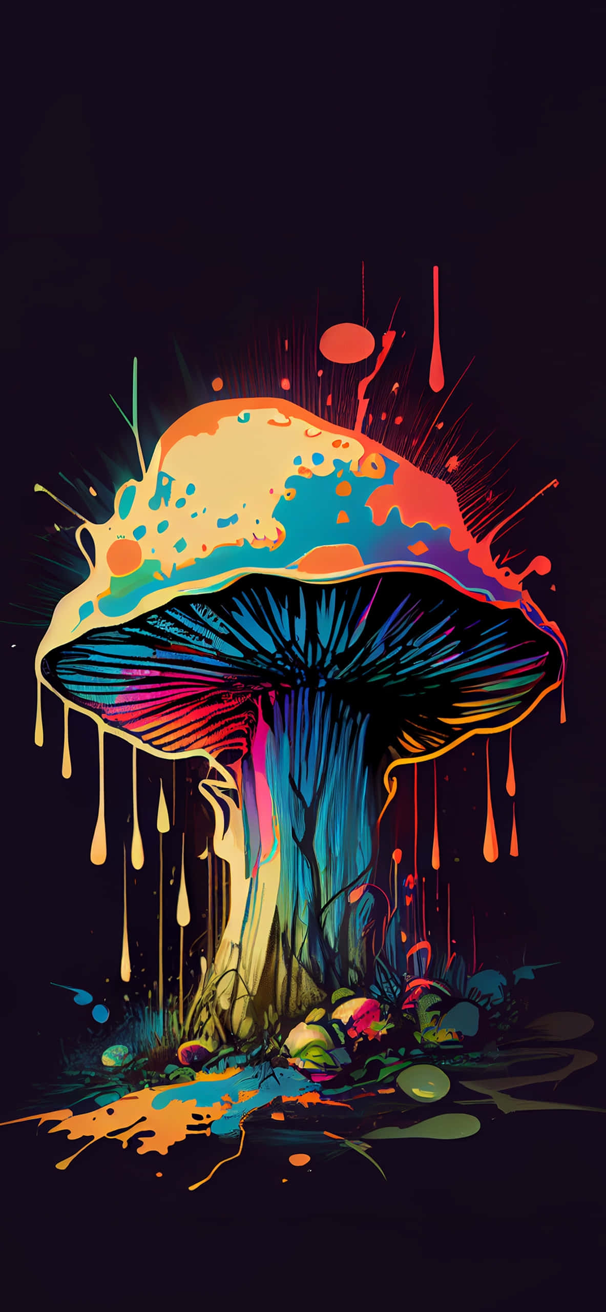 vibrant psychedelic mushroom, dripping neon colors, dark background, 2K Phone Wallpaper