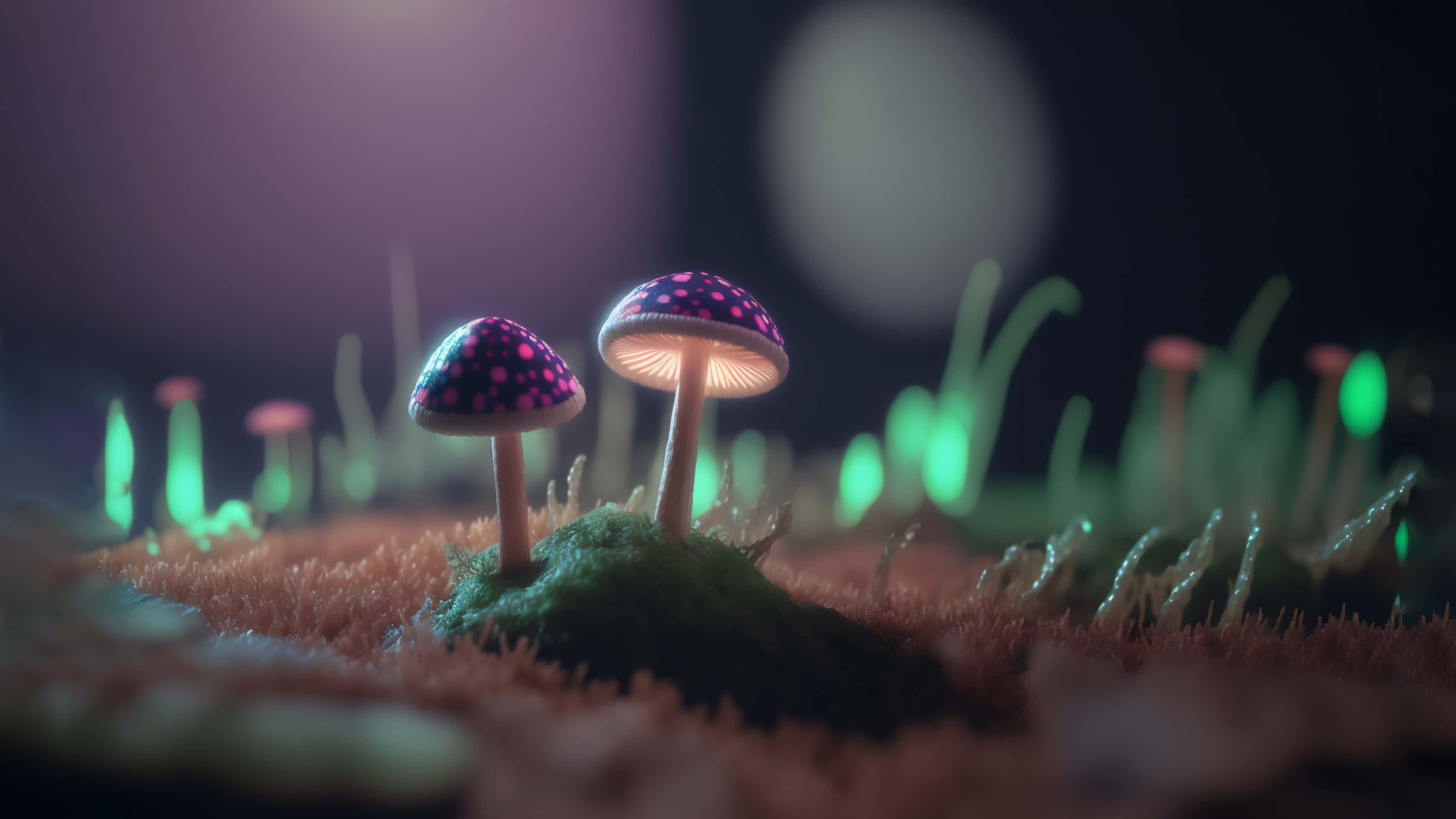 enchanted glowing mushrooms, pink spots, moss, 2K Desktop Wallpaper