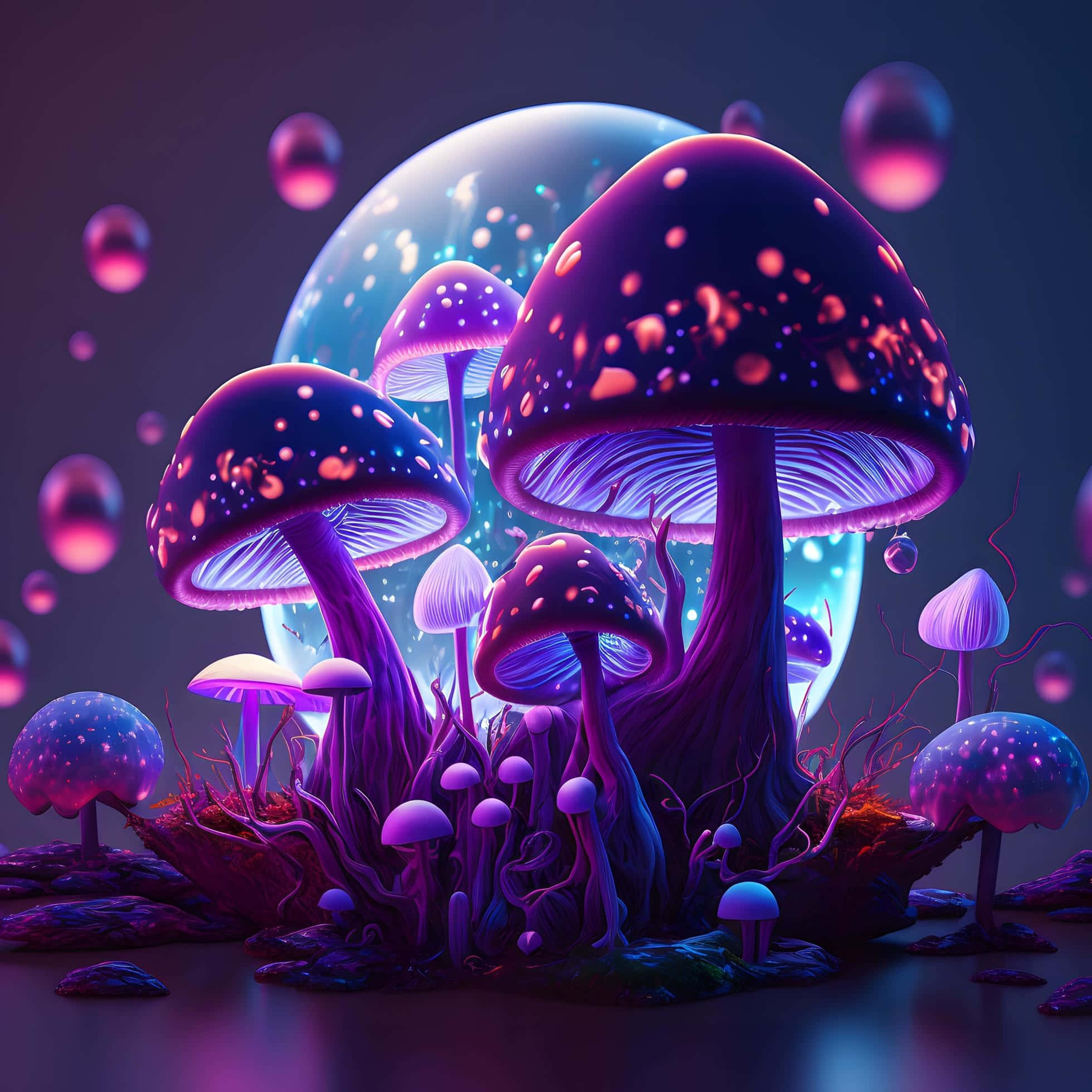 enchanted glowing mushroom forest art, glowing purple mushrooms, pink spots, Full HD Desktop Wallpaper