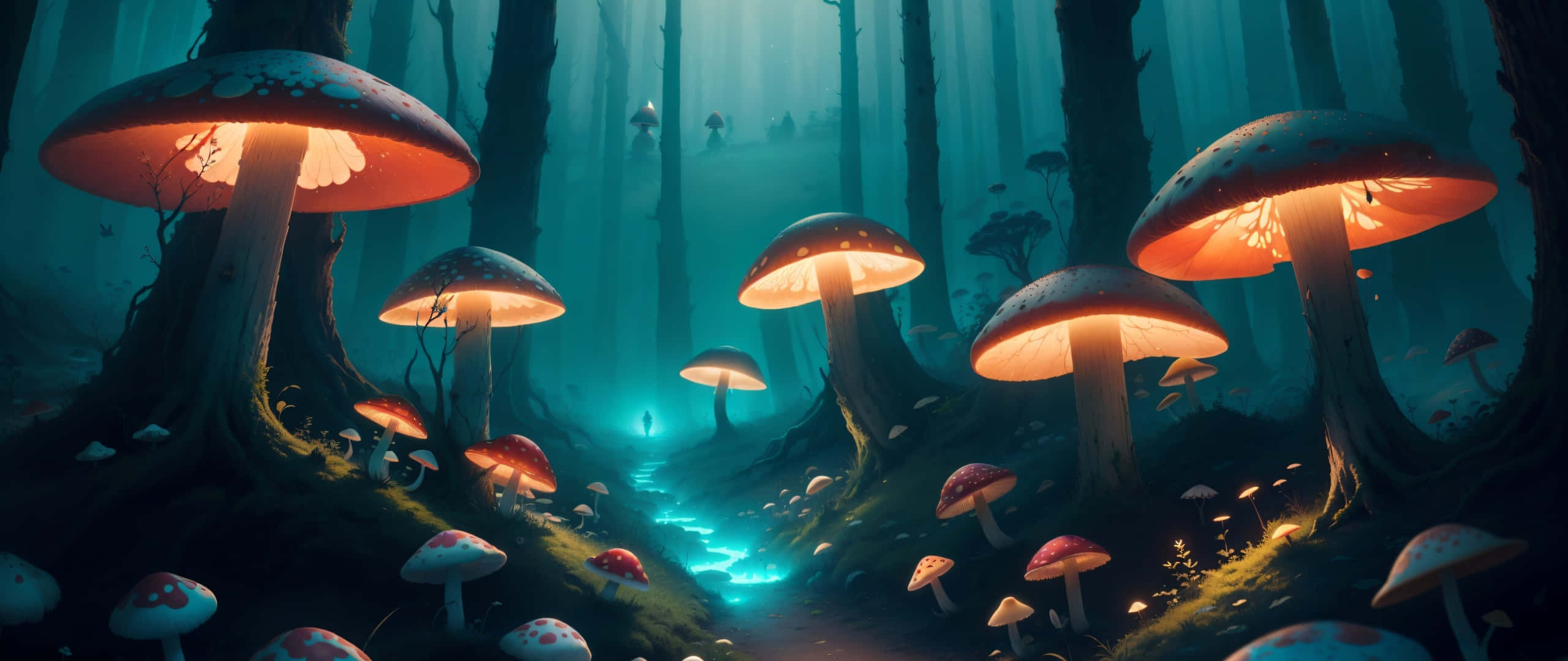 enchanted mushroom forest, glowing mushrooms, misty forest path, 2K Desktop Wallpaper