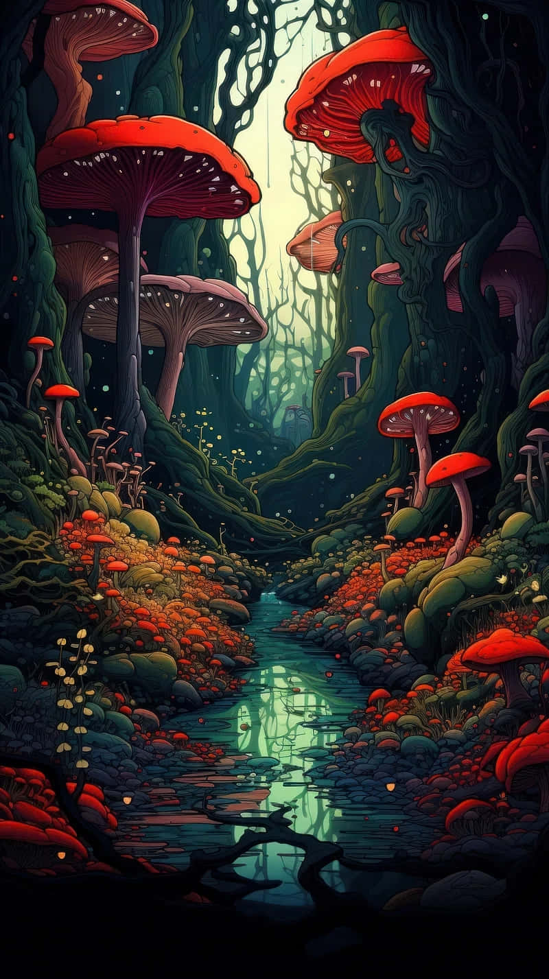 enchanted mushroom forest, giant glowing red mushrooms, soft misty canopy, HD Phone Wallpaper