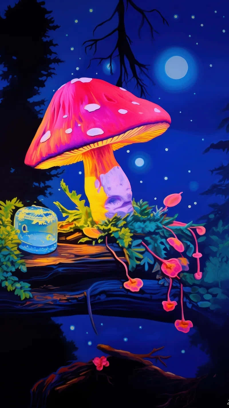 enchanted night mushroom art, giant glowing pink mushroom, white spots, HD Phone Wallpaper