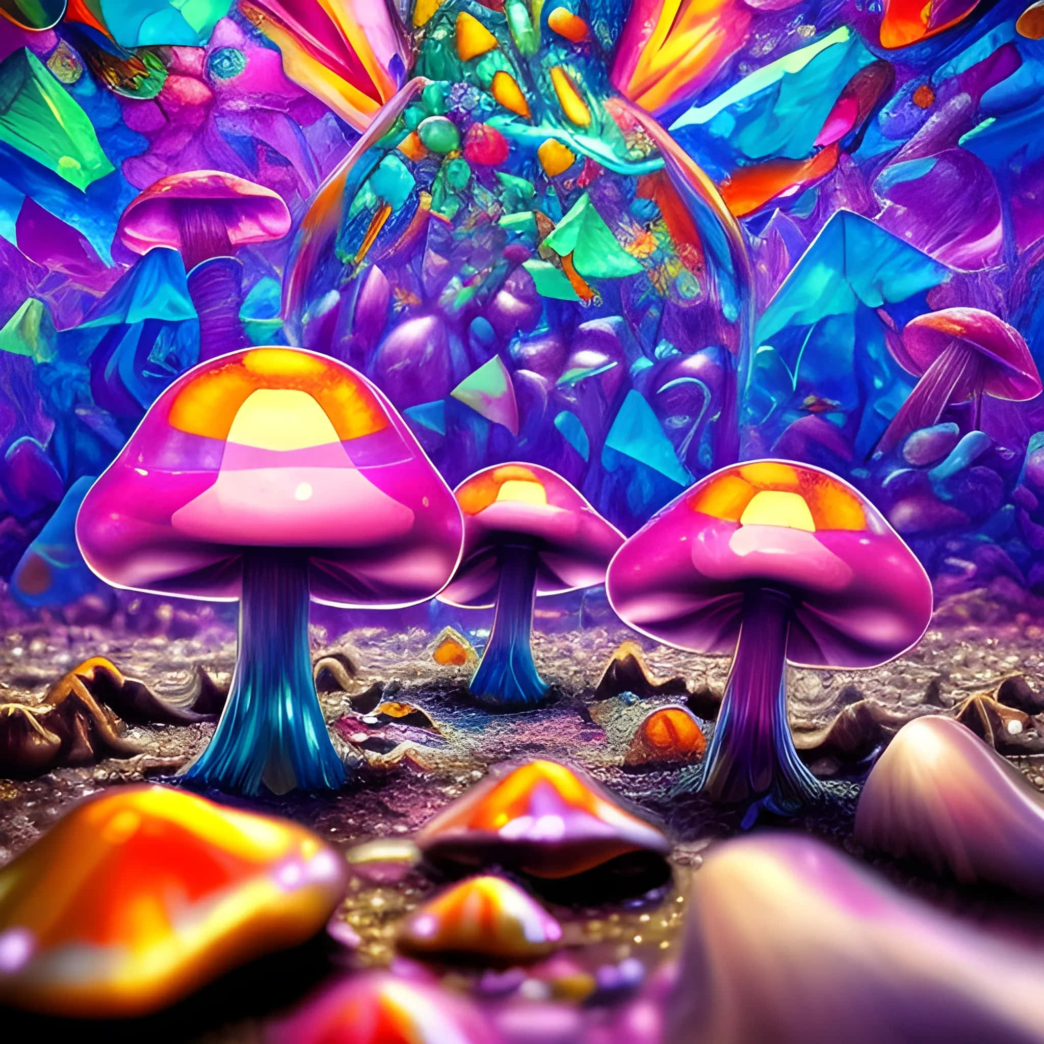 vibrant glowing mushrooms, orange caps, blue stems, Full HD Desktop Wallpaper