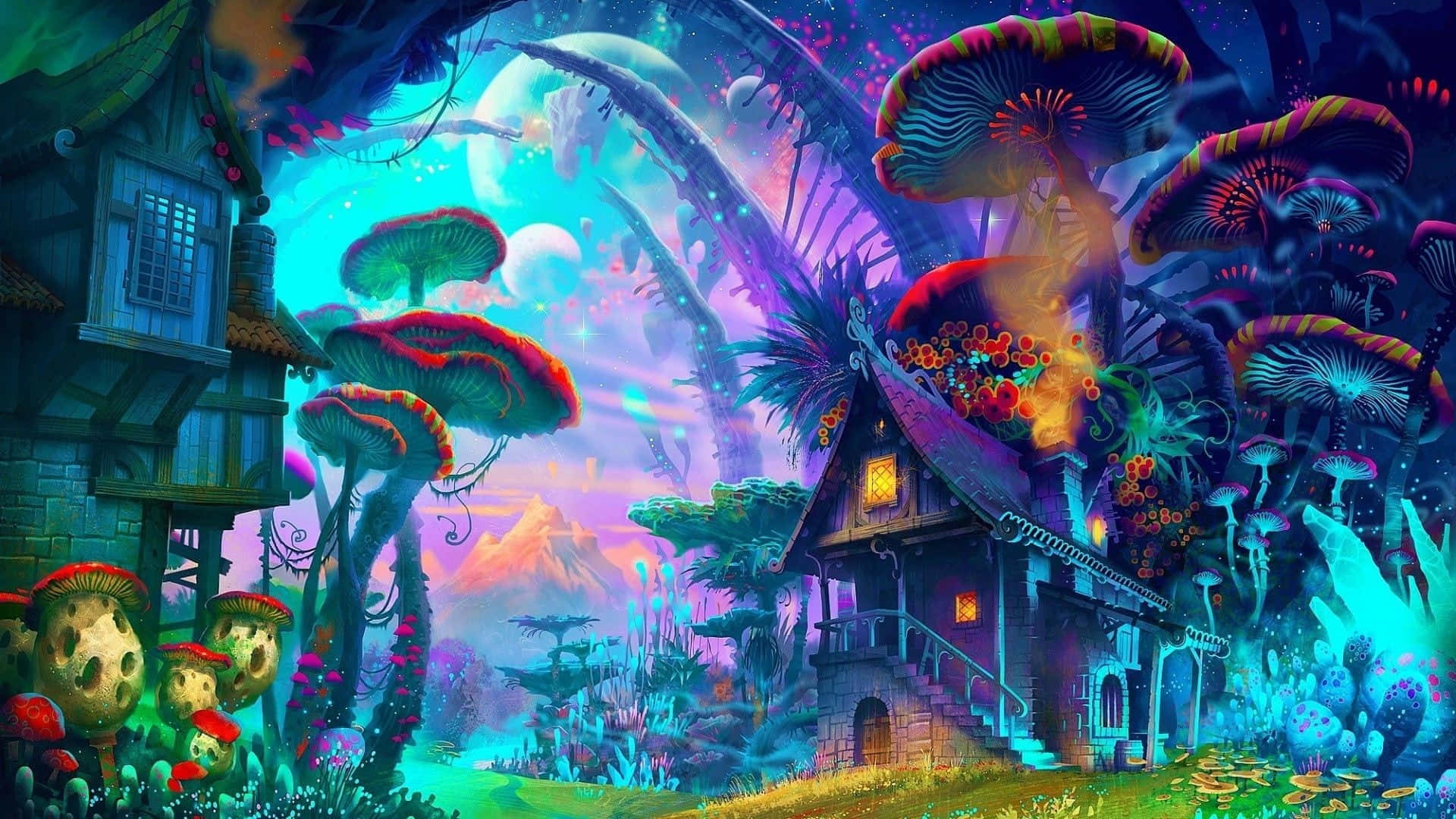 enchanted mushroom village, giant glowing mushrooms, whimsical fantasy cottage, Full HD Desktop Wallpaper