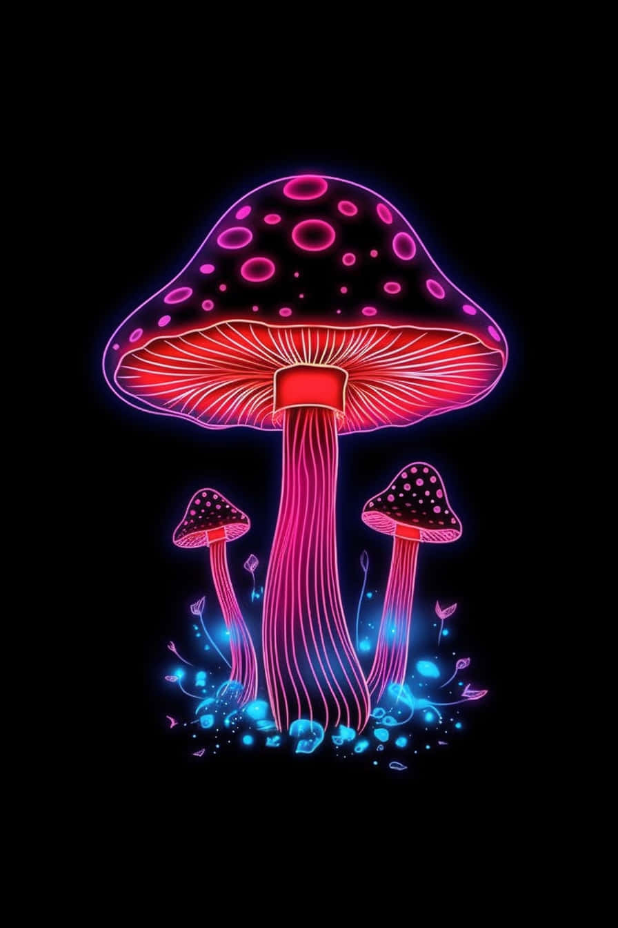 neon pink mushrooms, electric blue sparkles, pitch black background, HD Phone Wallpaper