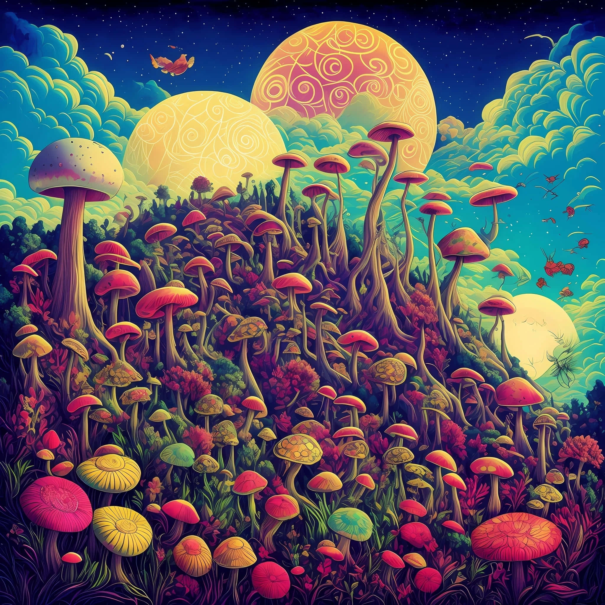 enchanted mushroom forest, glowing mushrooms, starry sky, Full HD Desktop Wallpaper