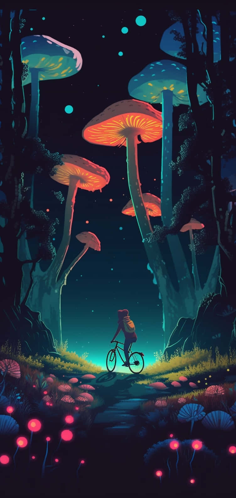 enchanted mushroom forest, lone cyclist, mystical forest, HD Phone Wallpaper