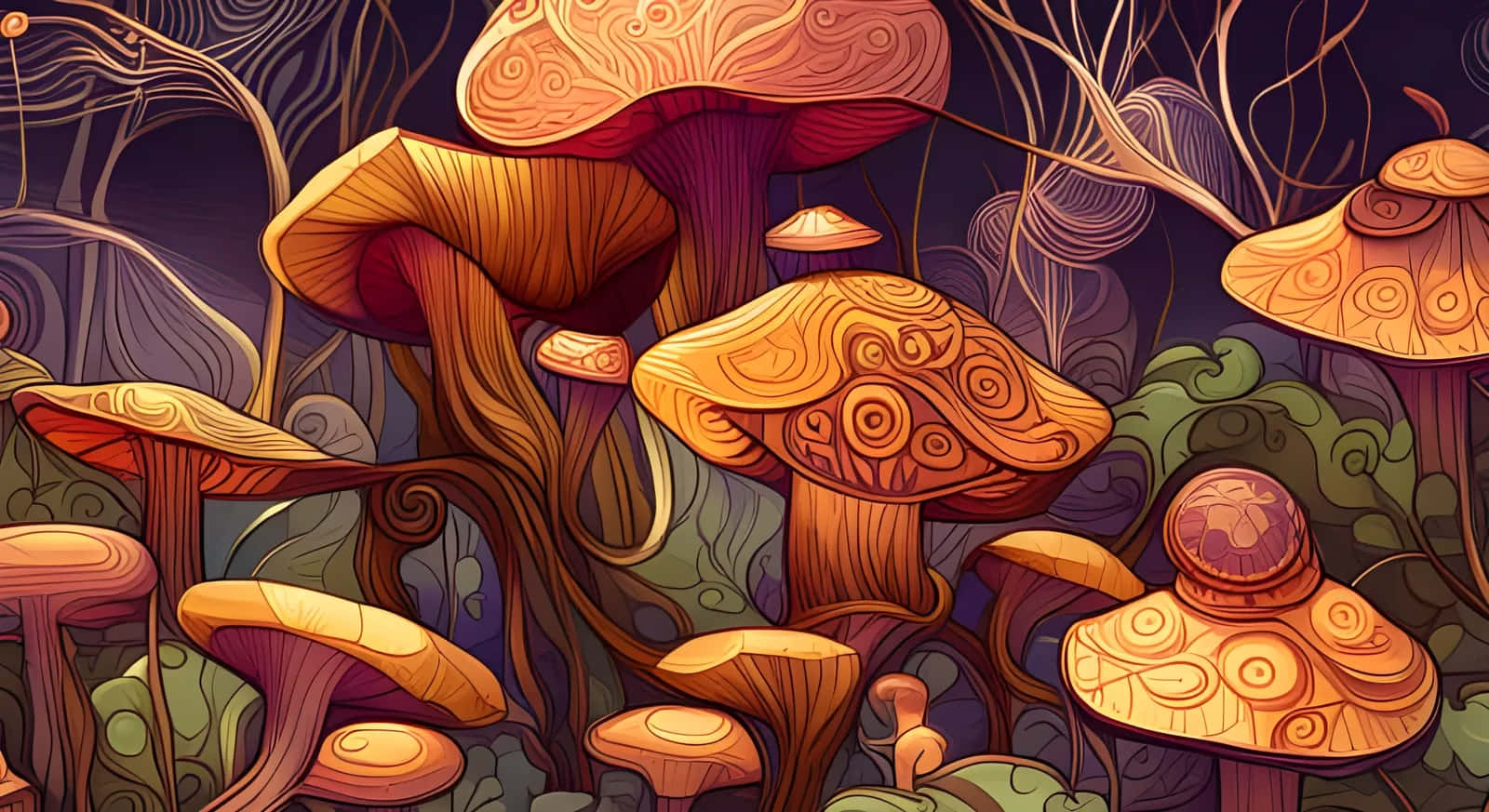 enchanted forest, giant ornate mushrooms, swirling patterns, HD Desktop Wallpaper