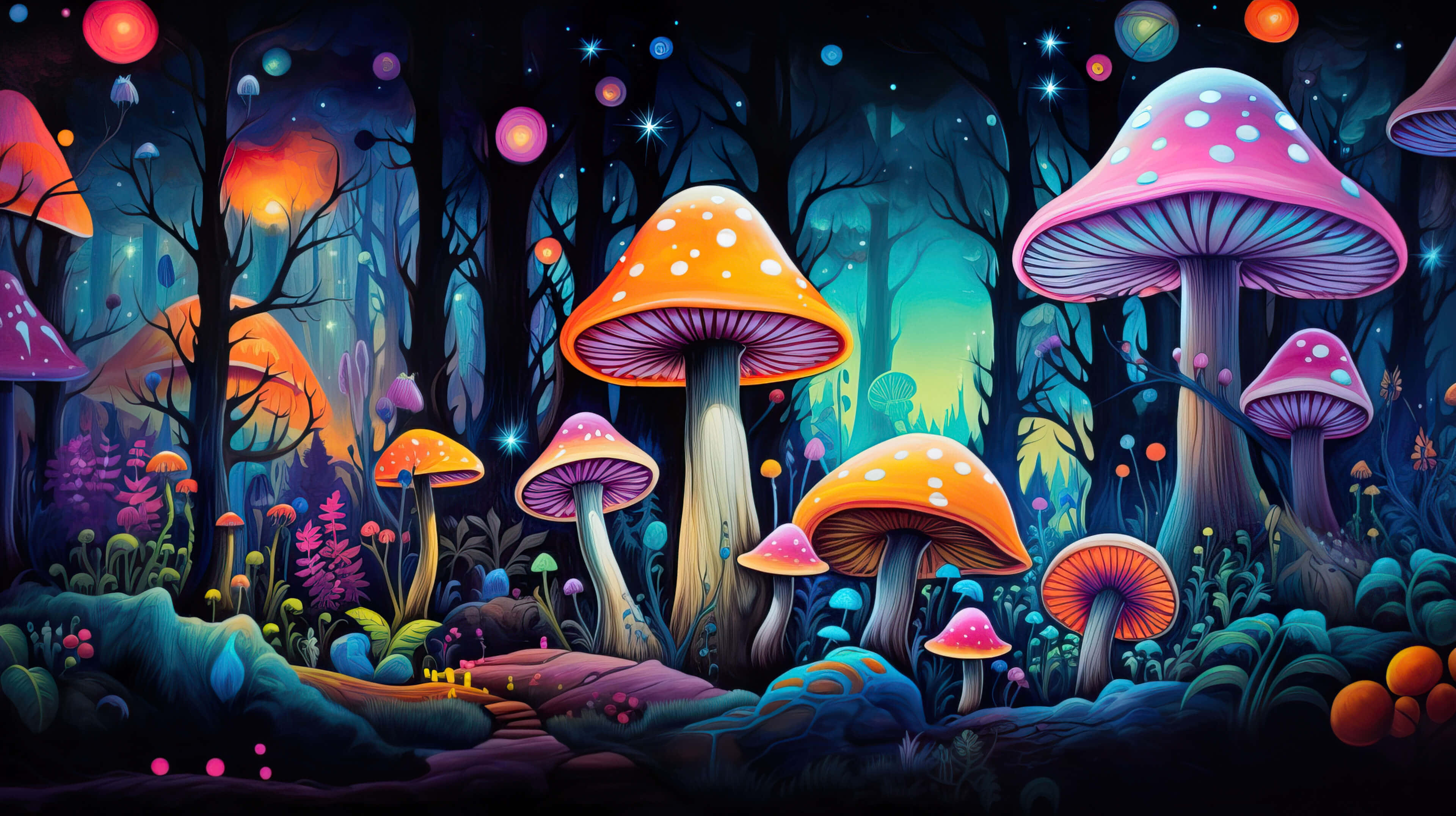 enchanted forest, glowing mushrooms, starry twilight sky, 4K Desktop Wallpaper