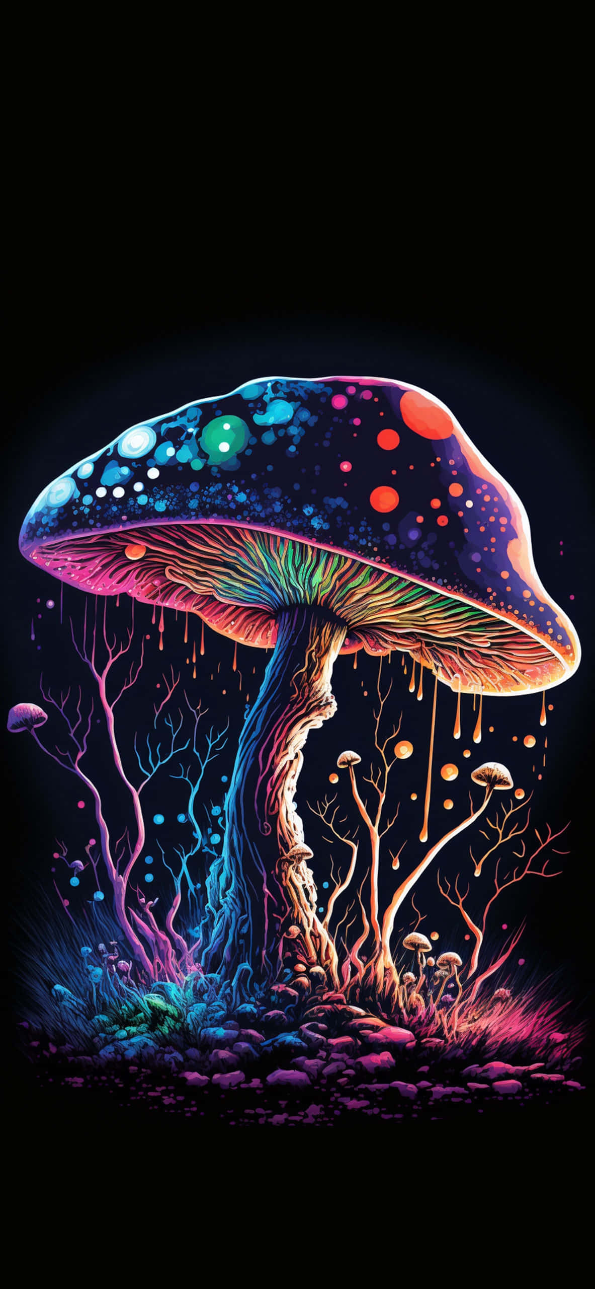 vibrant cosmic mushroom art, giant glowing mushroom, neon spots, 2K Phone Wallpaper