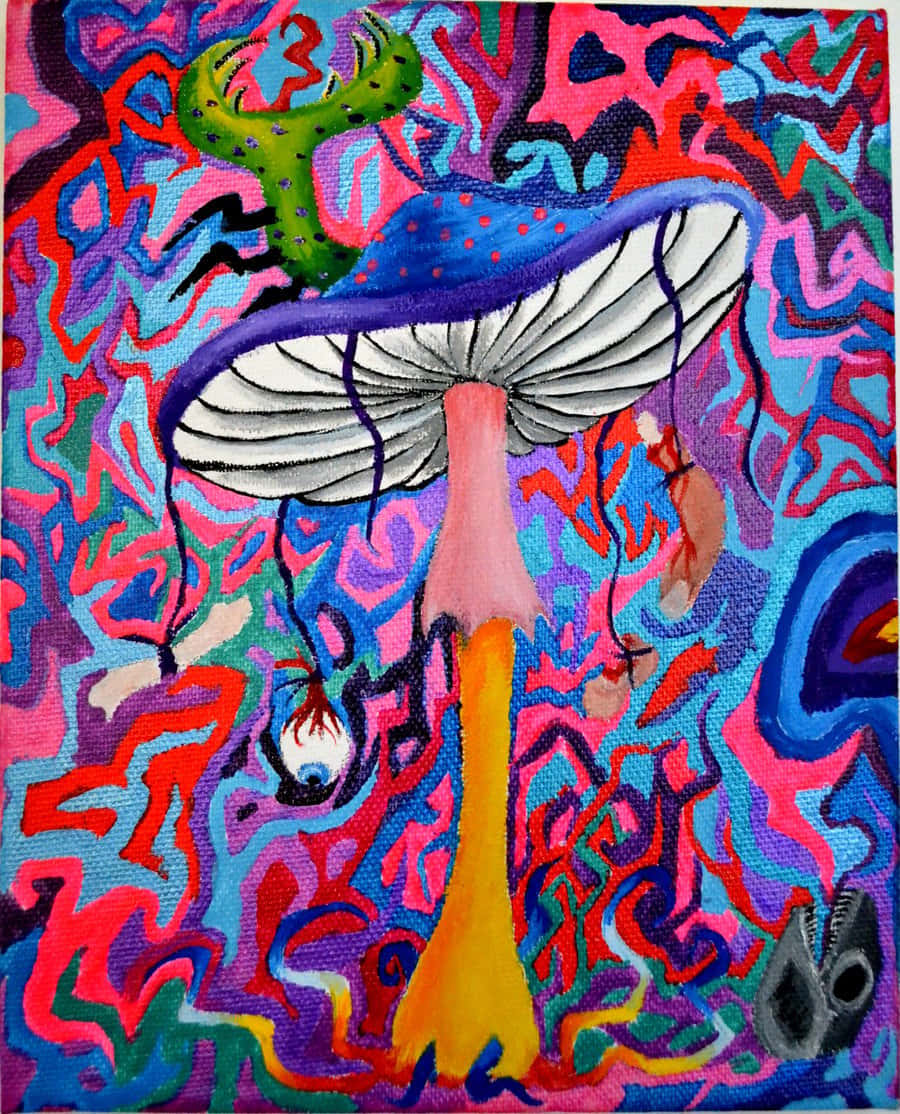 colorful mushroom painting, giant mushroom, green crab-like creature, SD Phone Wallpaper
