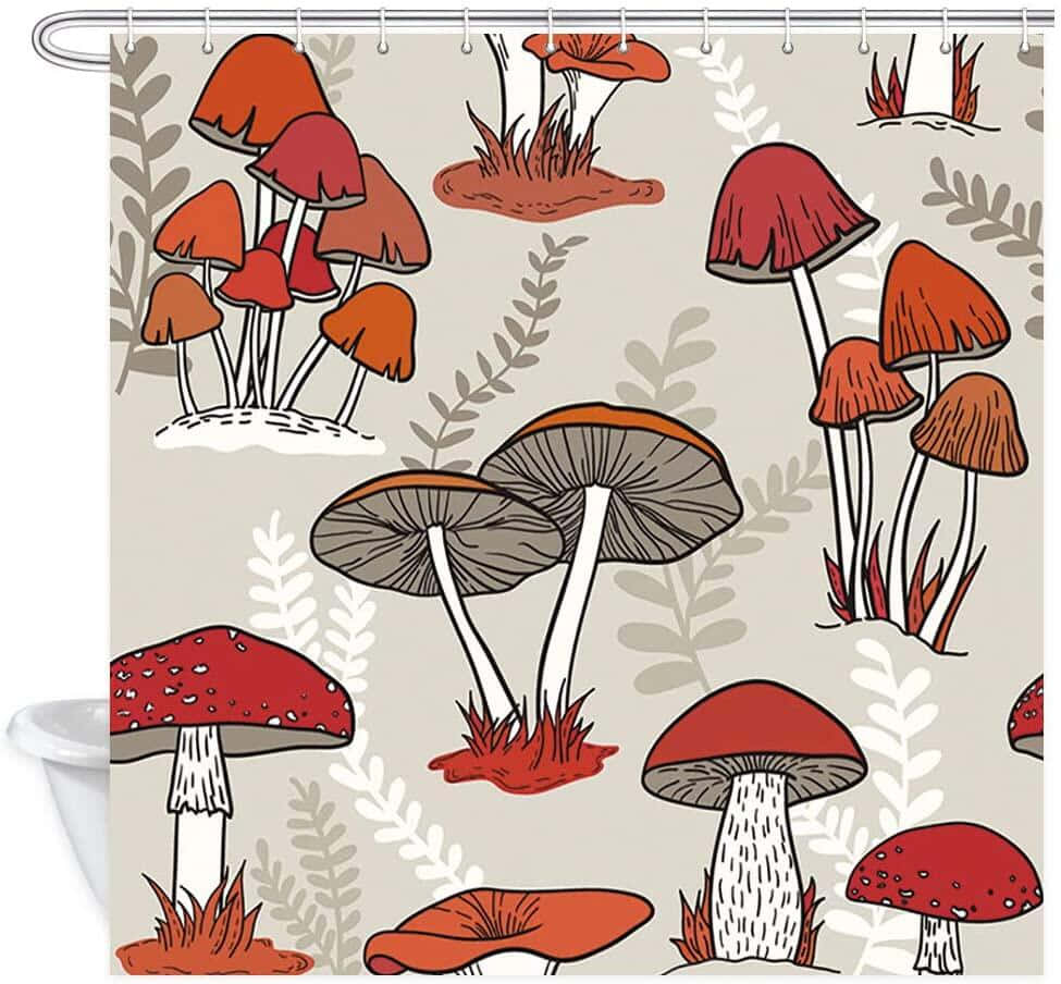 vintage cute mushroom curtain print design, red and orange mushrooms, leafy patterns, SD Desktop Wallpaper