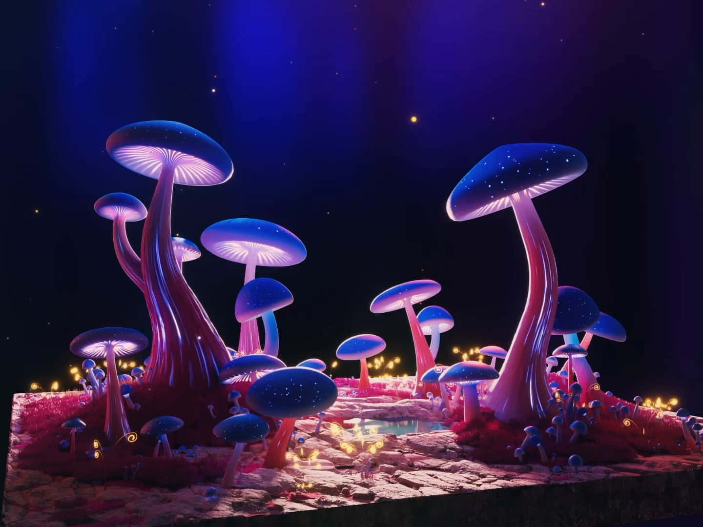 enchanted glowing mushroom forest, glowing purple mushrooms, starry caps, HD Desktop Wallpaper