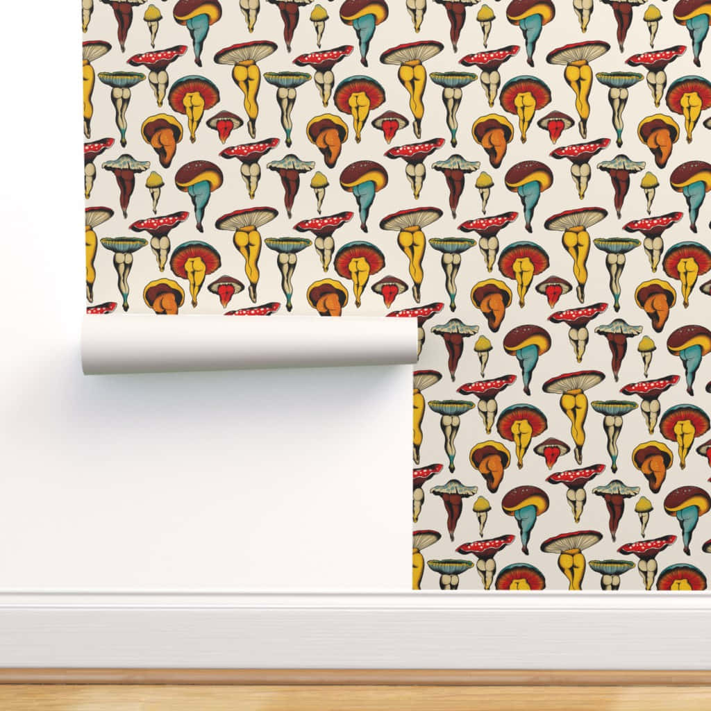 vintage cute mushroom art sticker, whimsical mushroom-patterned wallpaper, vibrant red yellow and teal caps, SD Desktop Wallpaper