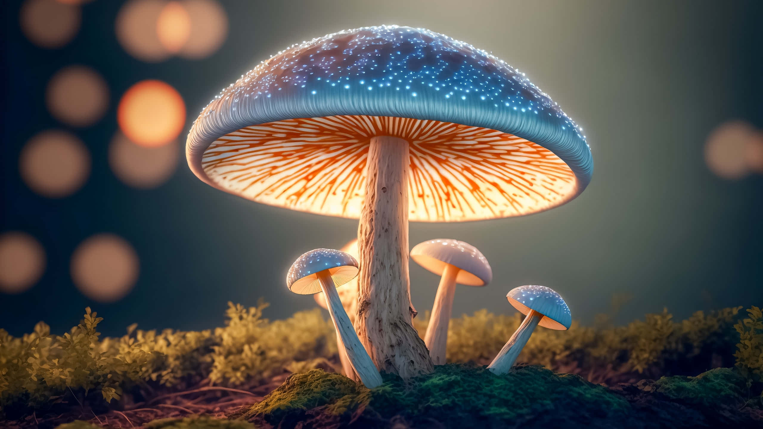 glowing blue mushroom, star-like speckles, warm orange gills, 2K Desktop Wallpaper