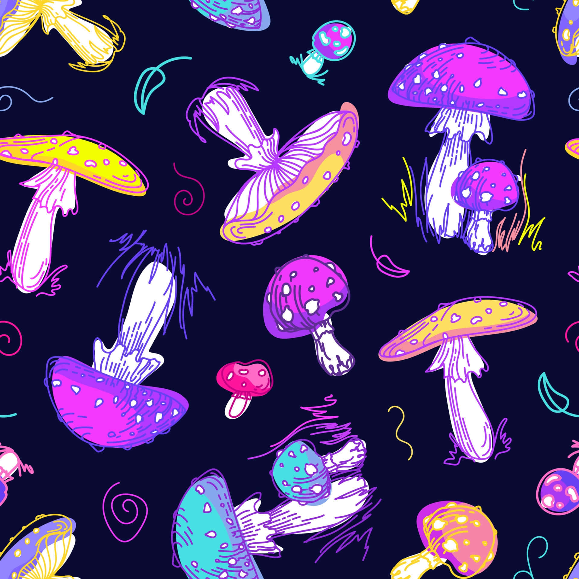 vibrant mushroom pattern art, neon mushrooms, glowing outlines, Full HD Desktop Wallpaper