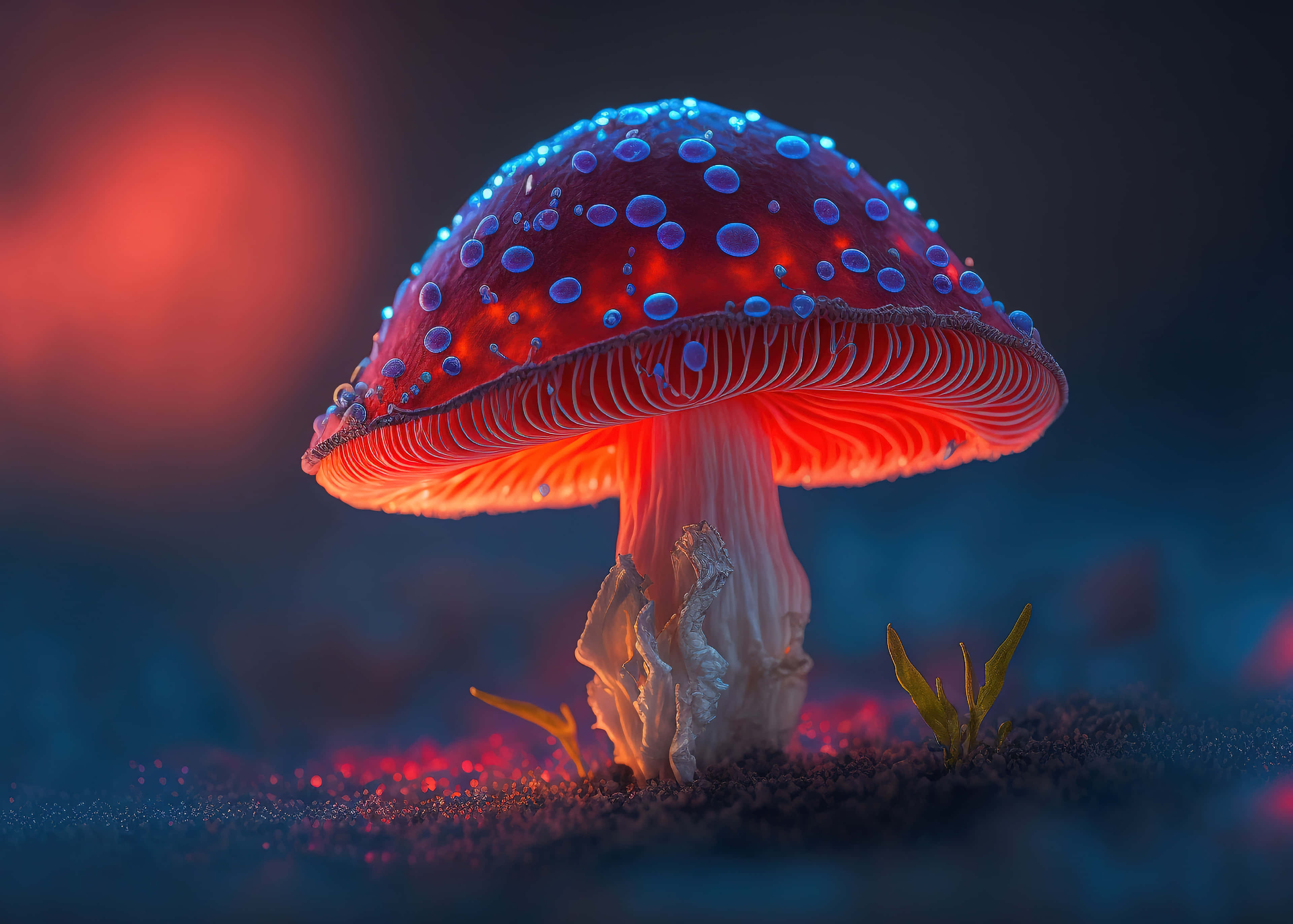 glowing red mushroom, blue spots, radiant orange underside, 4K Desktop Wallpaper