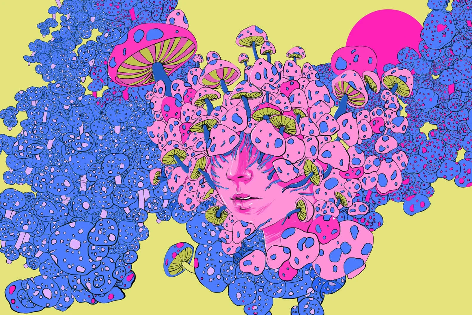 psychedelic mushroom dreamscape art, vibrant forest of pink and blue mushrooms, glowing pink sun, HD Desktop Wallpaper