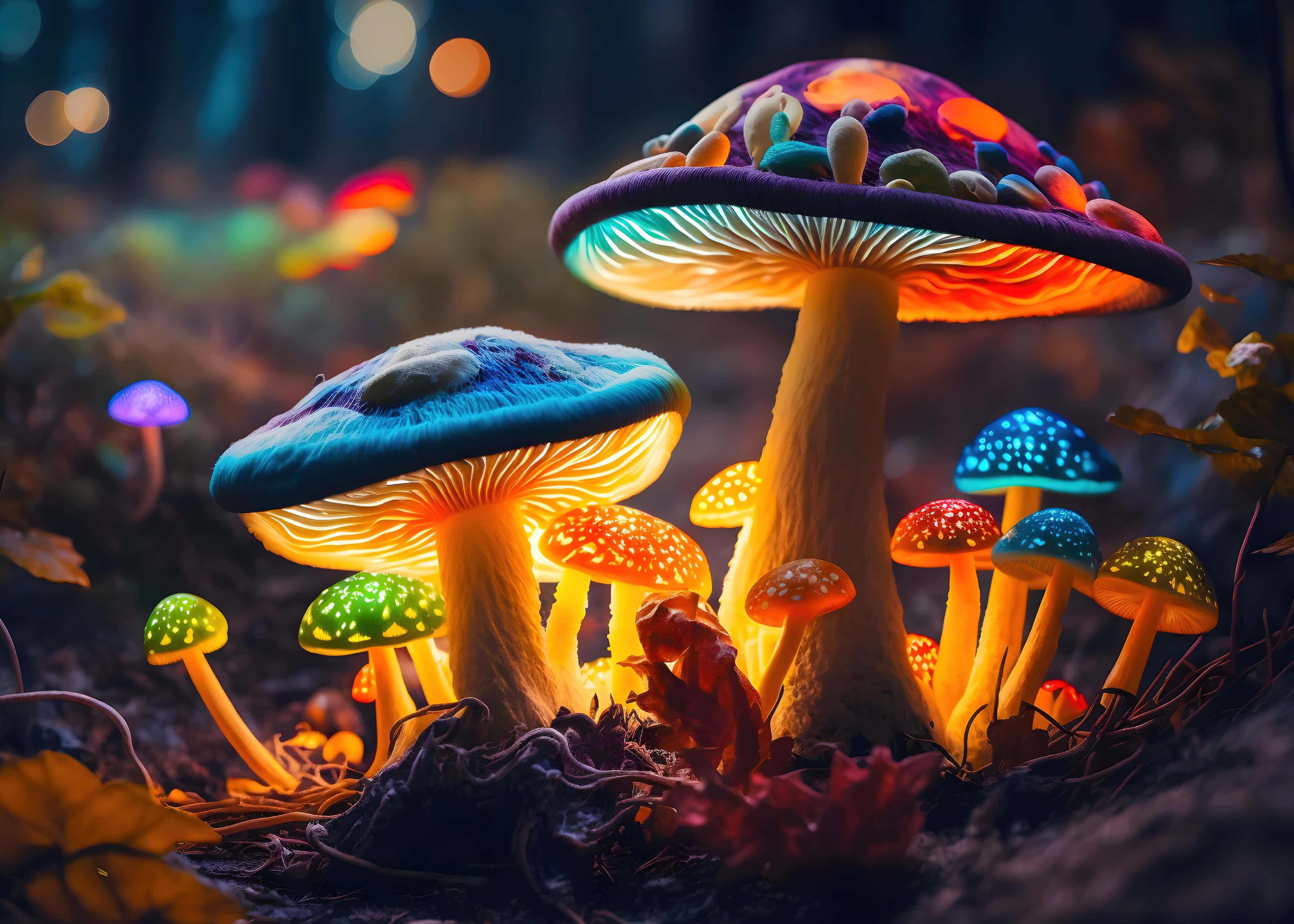 enchanted glowing mushrooms, multicolored mushrooms, intricate patterns, 4K Desktop Wallpaper