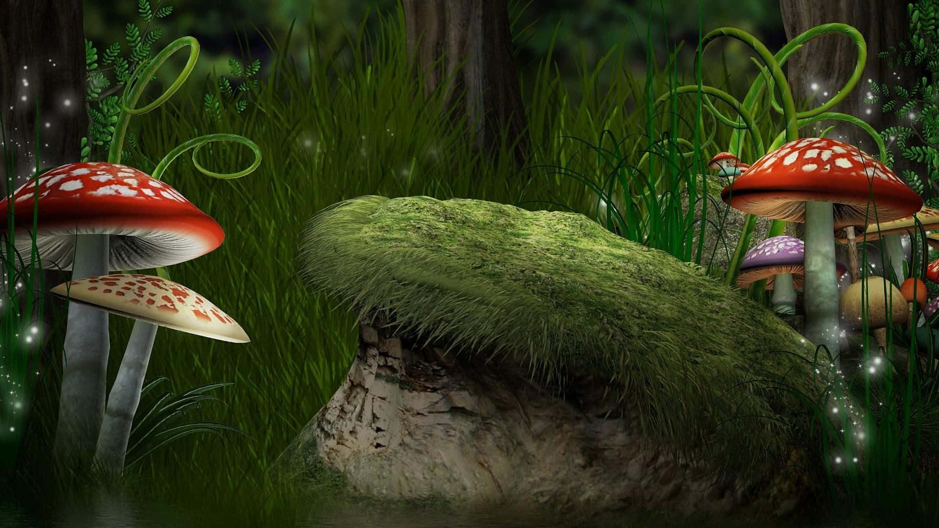 giant fly agaric fungus, glowing red and white mushrooms, lush green grass, Full HD Desktop Wallpaper
