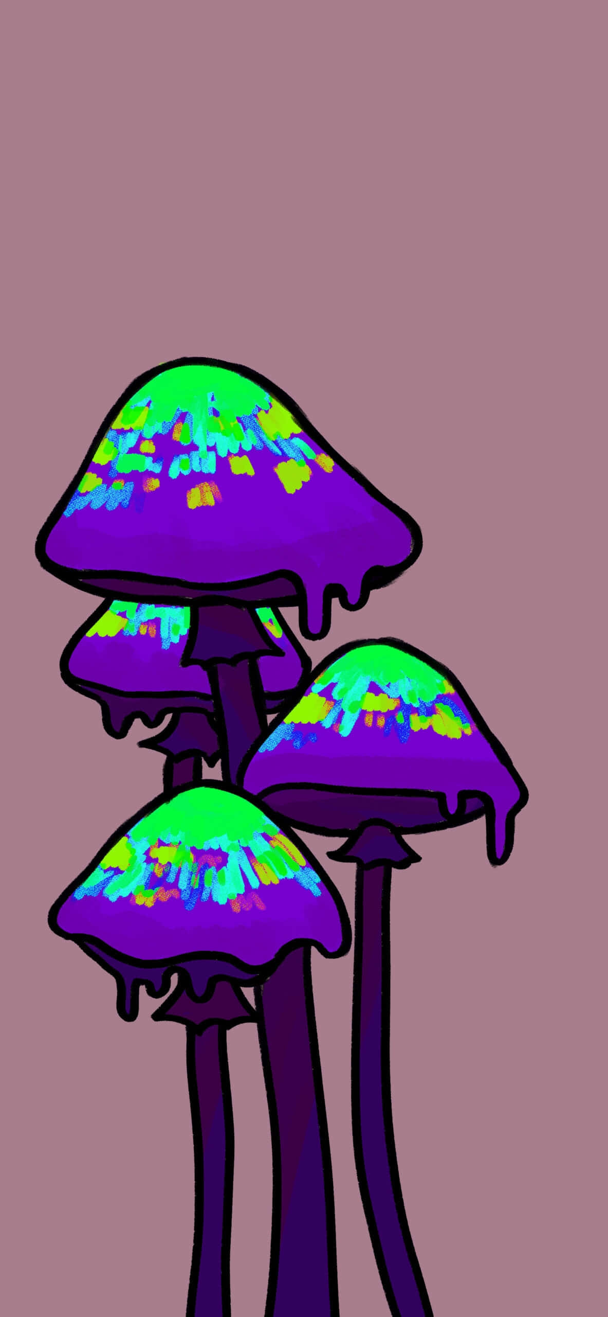 psychedelic purple mushrooms, neon green caps, muted mauve background, 2K Phone Wallpaper