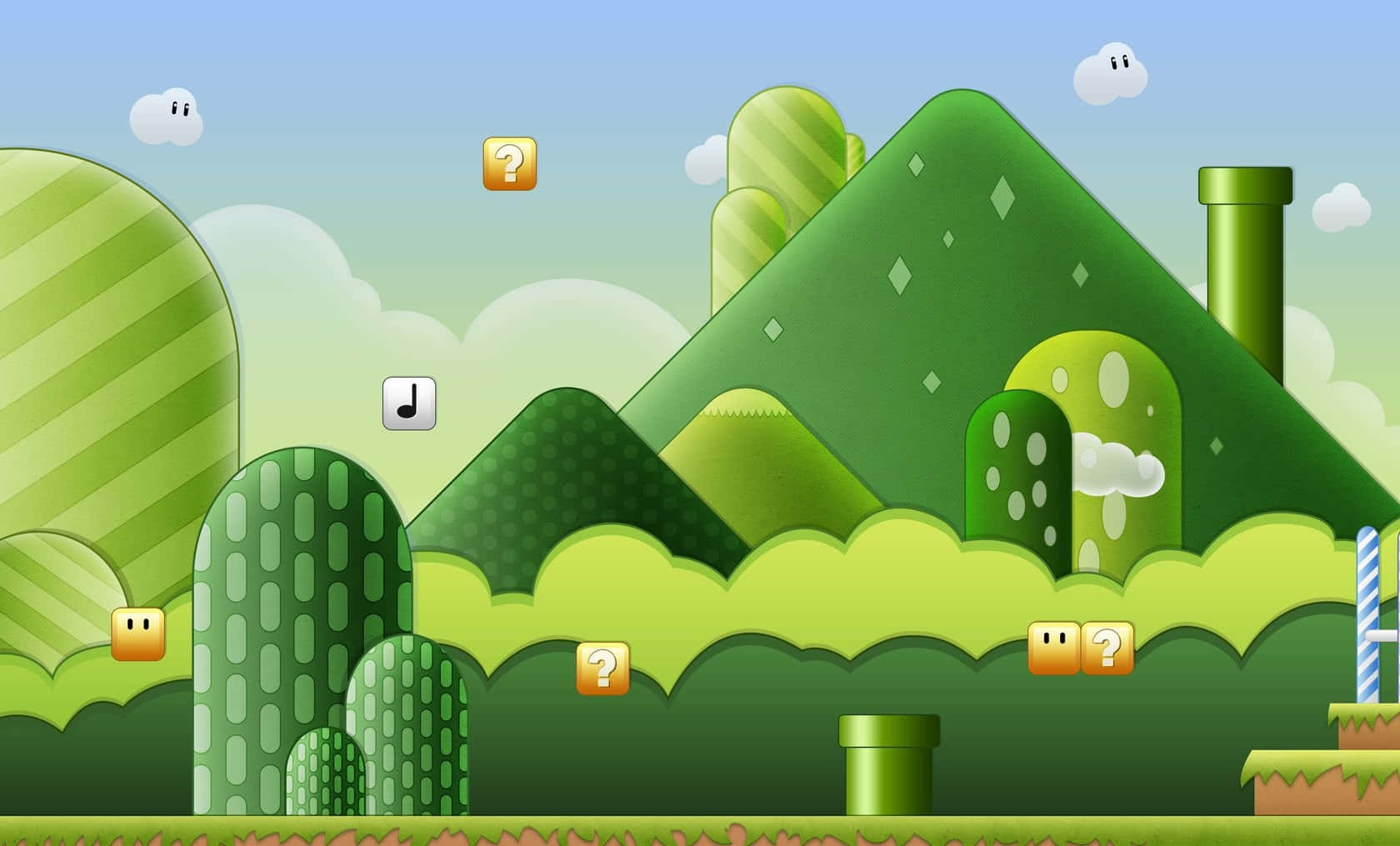 Mushroom Kingdom, green hills, question blocks, HD Desktop Wallpaper