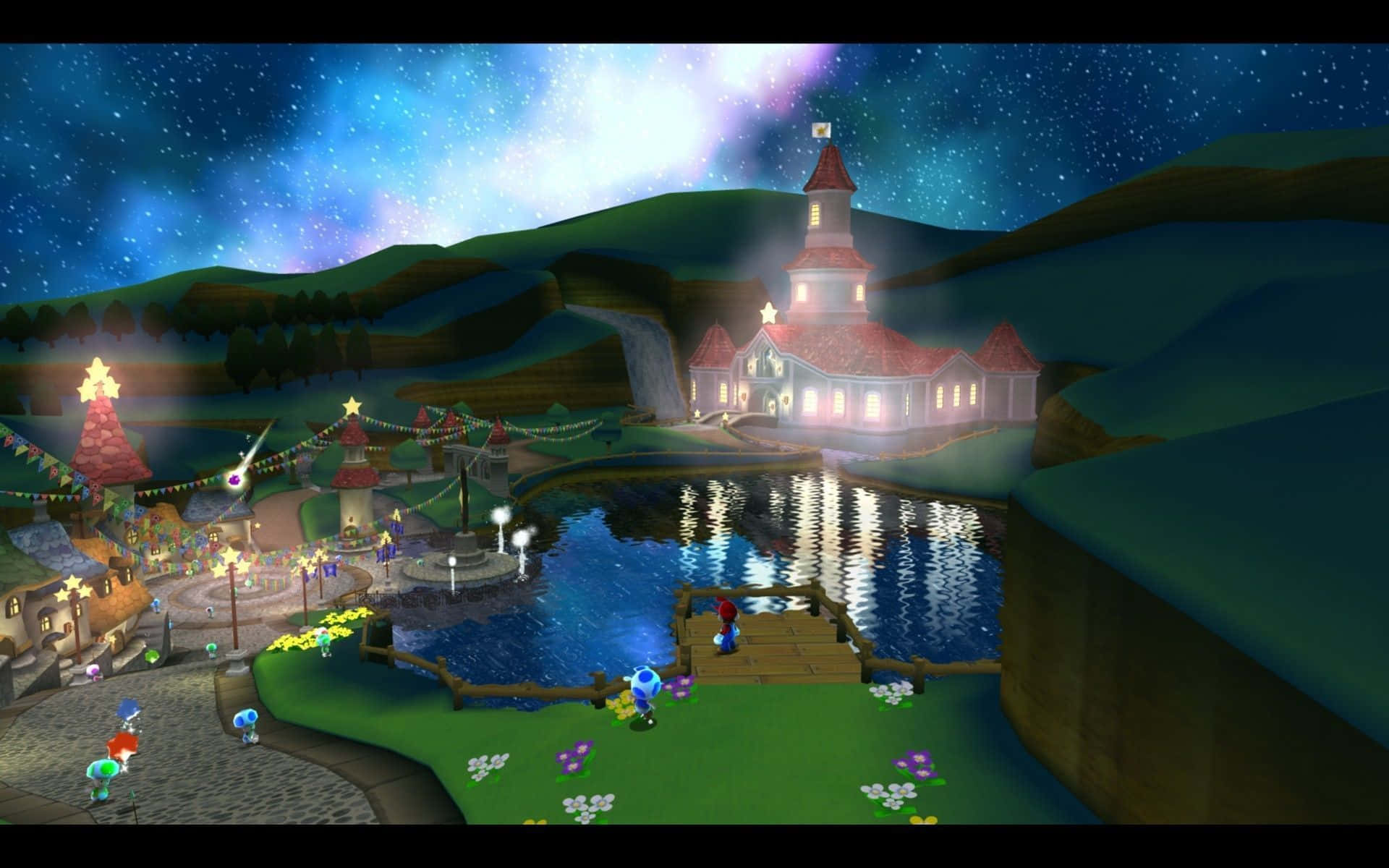 Mushroom Kingdom, glowing castle, lake, Full HD Desktop Wallpaper