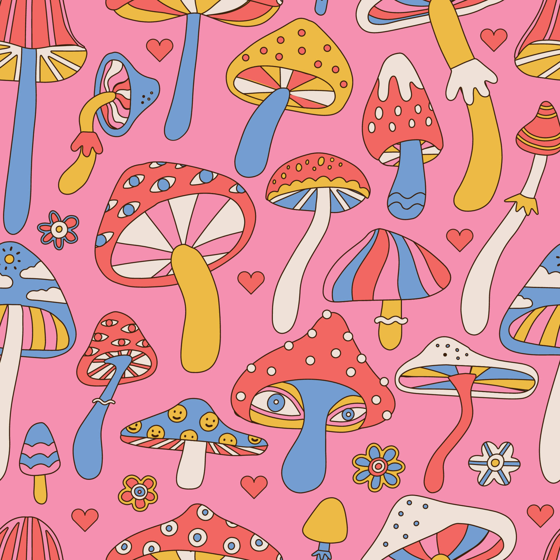 psychedelic mushroom, vibrant cartoon mushrooms, eyes, Full HD Desktop Wallpaper