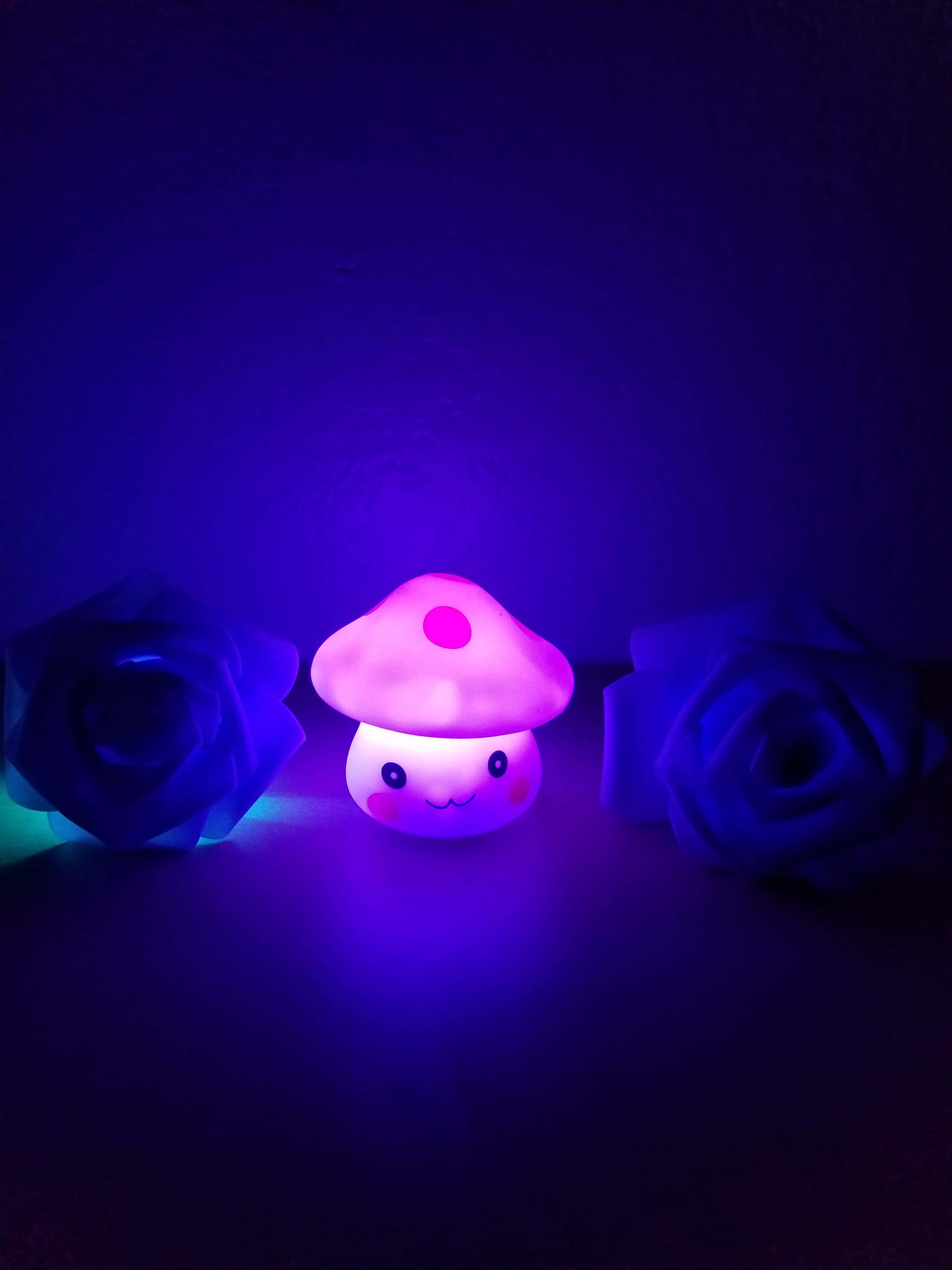 kawaii mushroom, glowing pink mushroom night light, dark roses, 4K Phone Wallpaper
