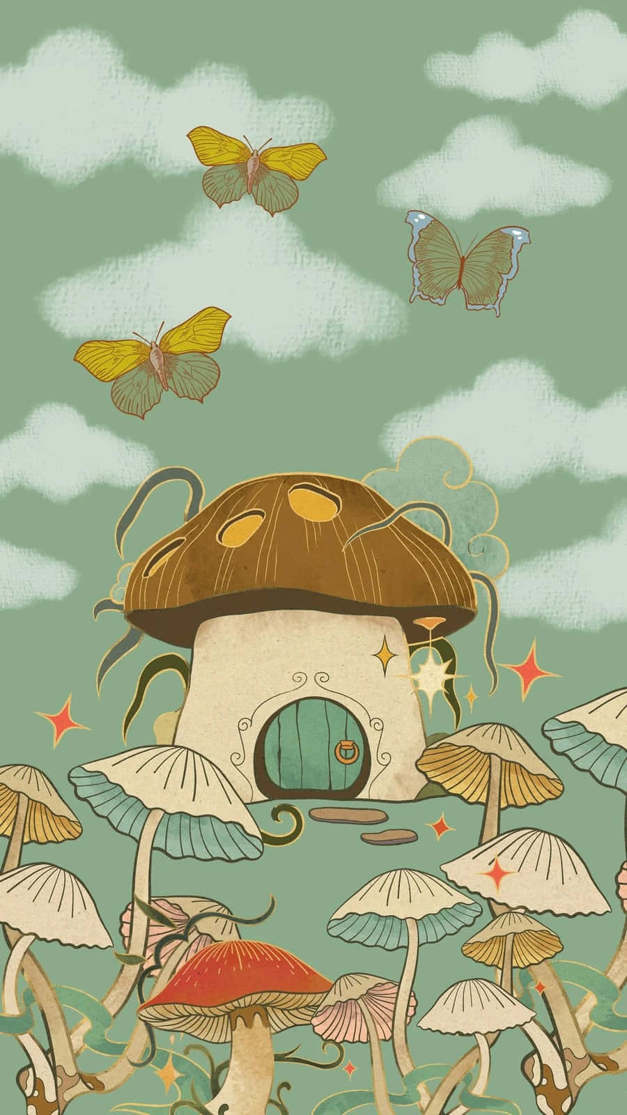 enchanted mushroom house, teal door, giant mushrooms, HD Phone Wallpaper