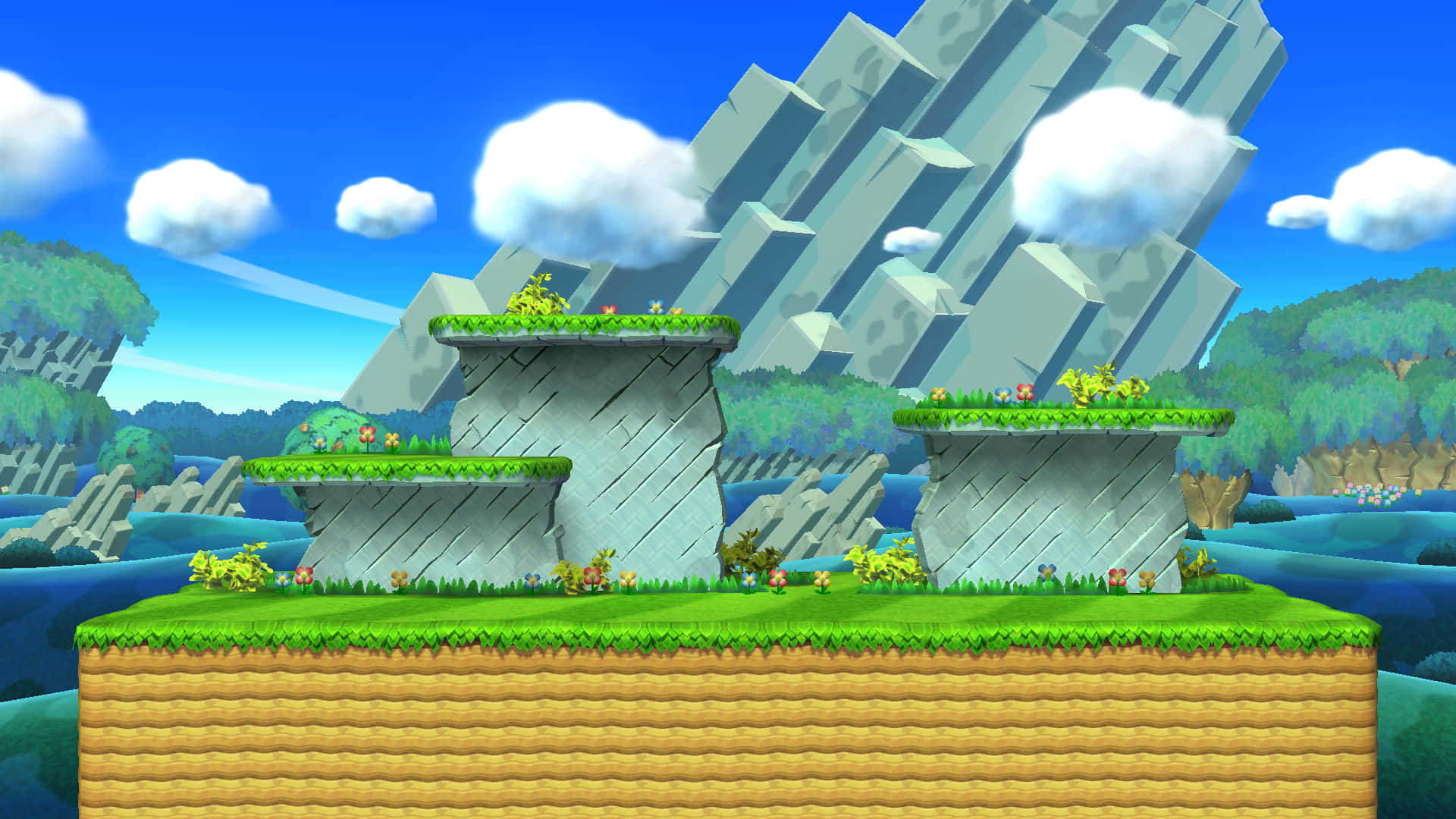 Mushroom Kingdom, floating grassy platforms, bright blue sky, Full HD Desktop Wallpaper