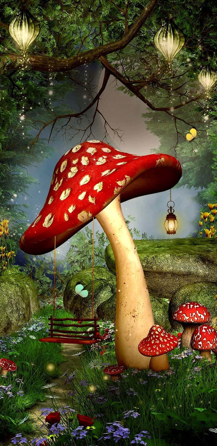 giant red mushroom with white spots, wooden swing, mystical forest, HD Phone Wallpaper