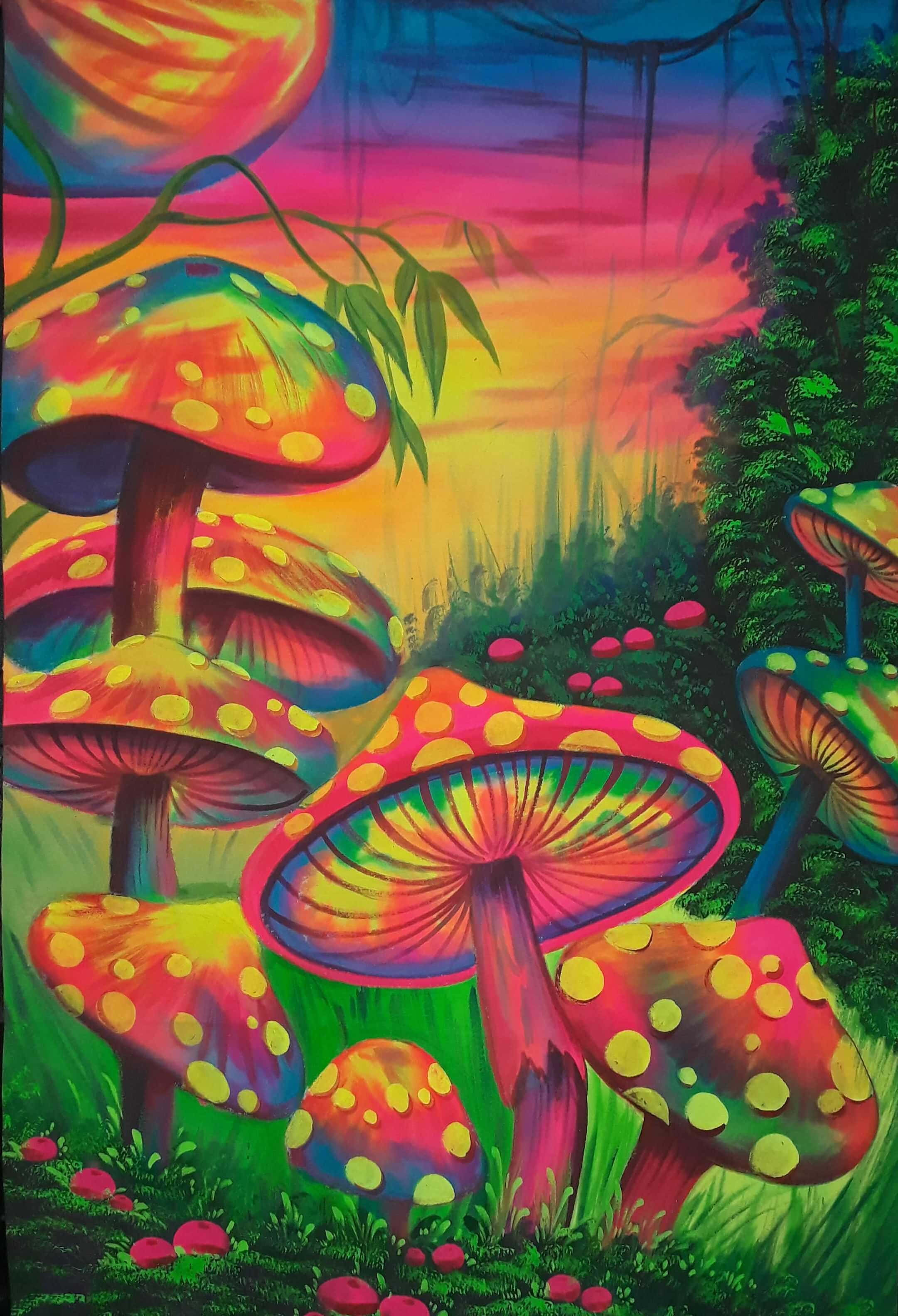 mushroom phone, psychedelic mushrooms, surreal sunset sky, 2K Phone Wallpaper