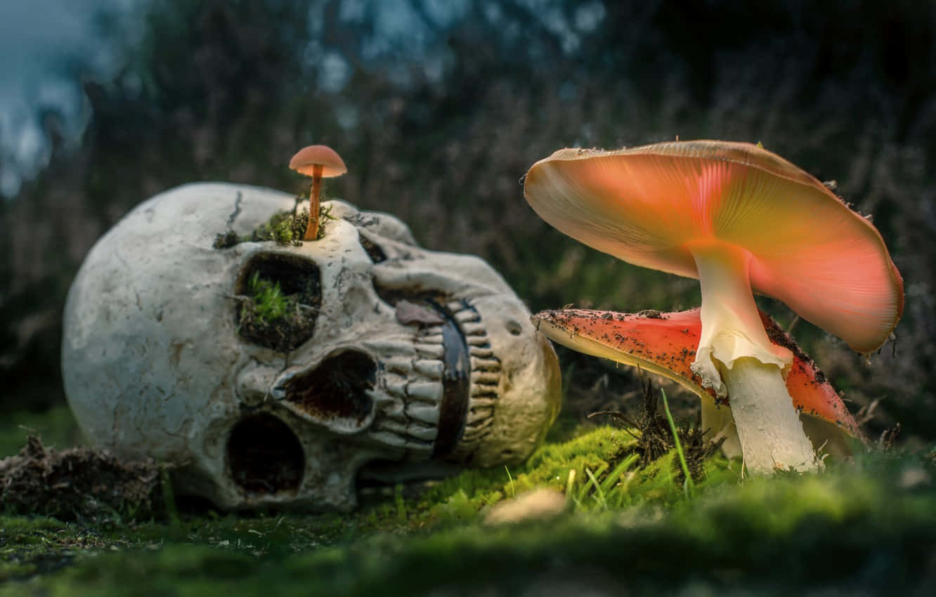 skull of a dead incompetent person, moss, vibrant red and white mushroom, HD Desktop Wallpaper