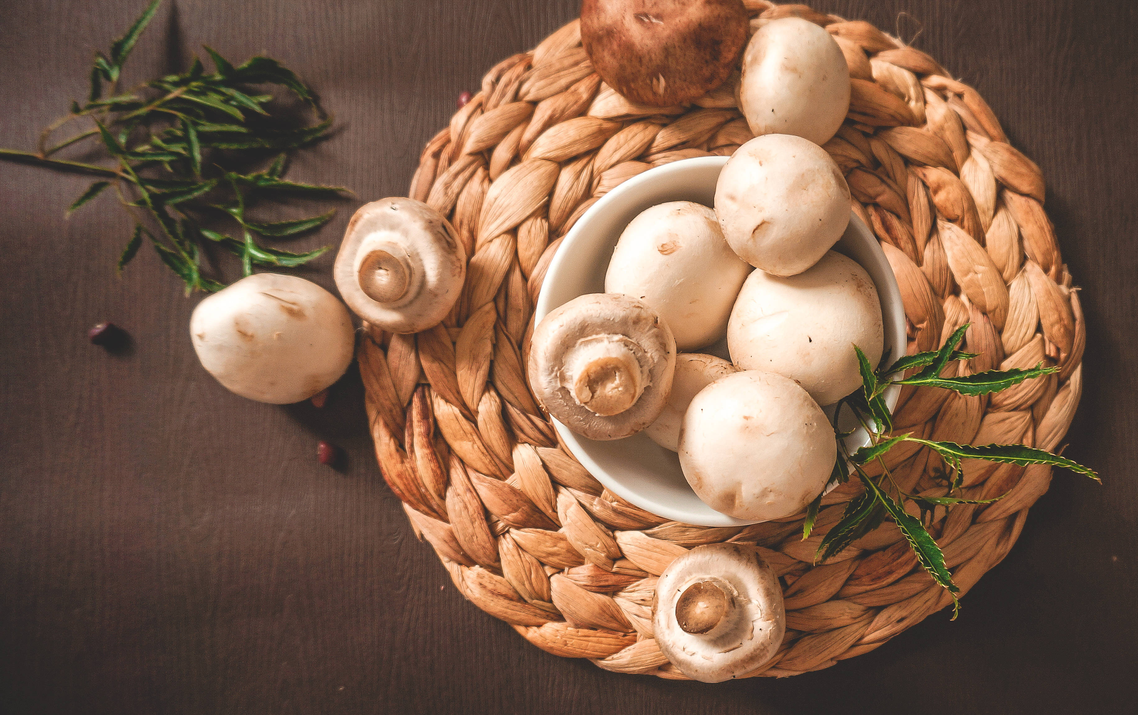 button mushroom, white bowl, woven mat, 2K Desktop Wallpaper